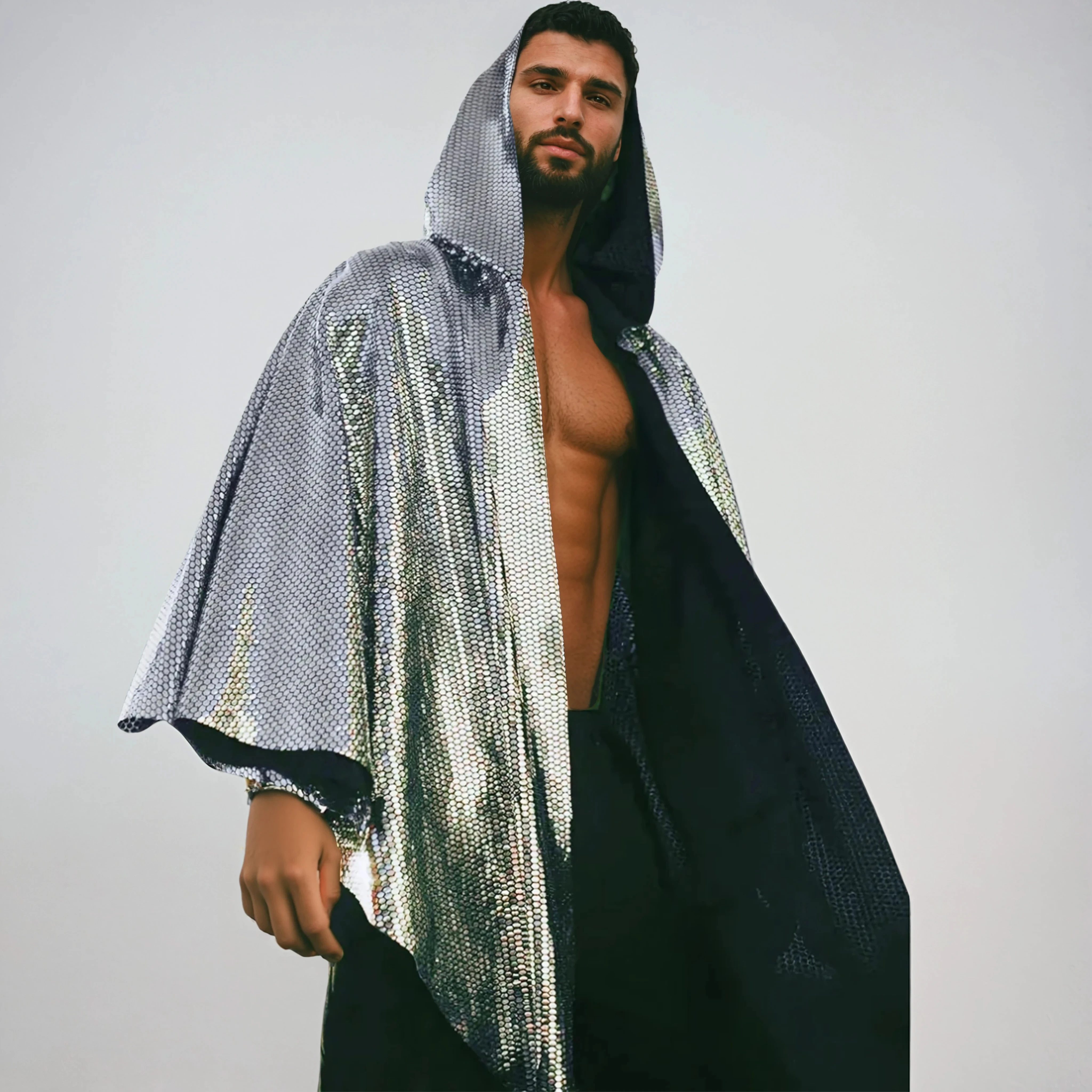 Front view of Disco Hooded cloak on male model in studio showing laser holographic fabric