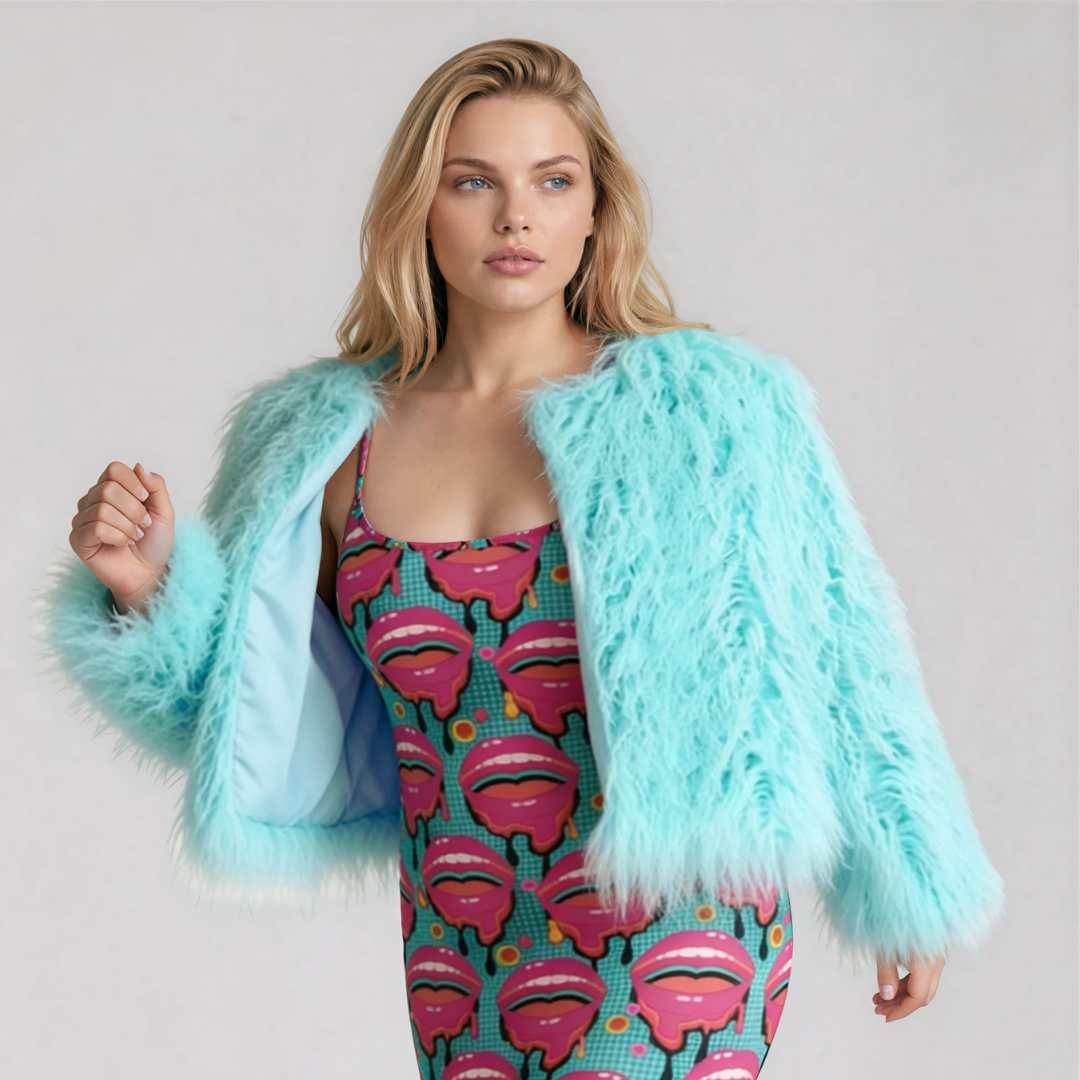 Close up view of pastel blue faux fur jacket on model in studio