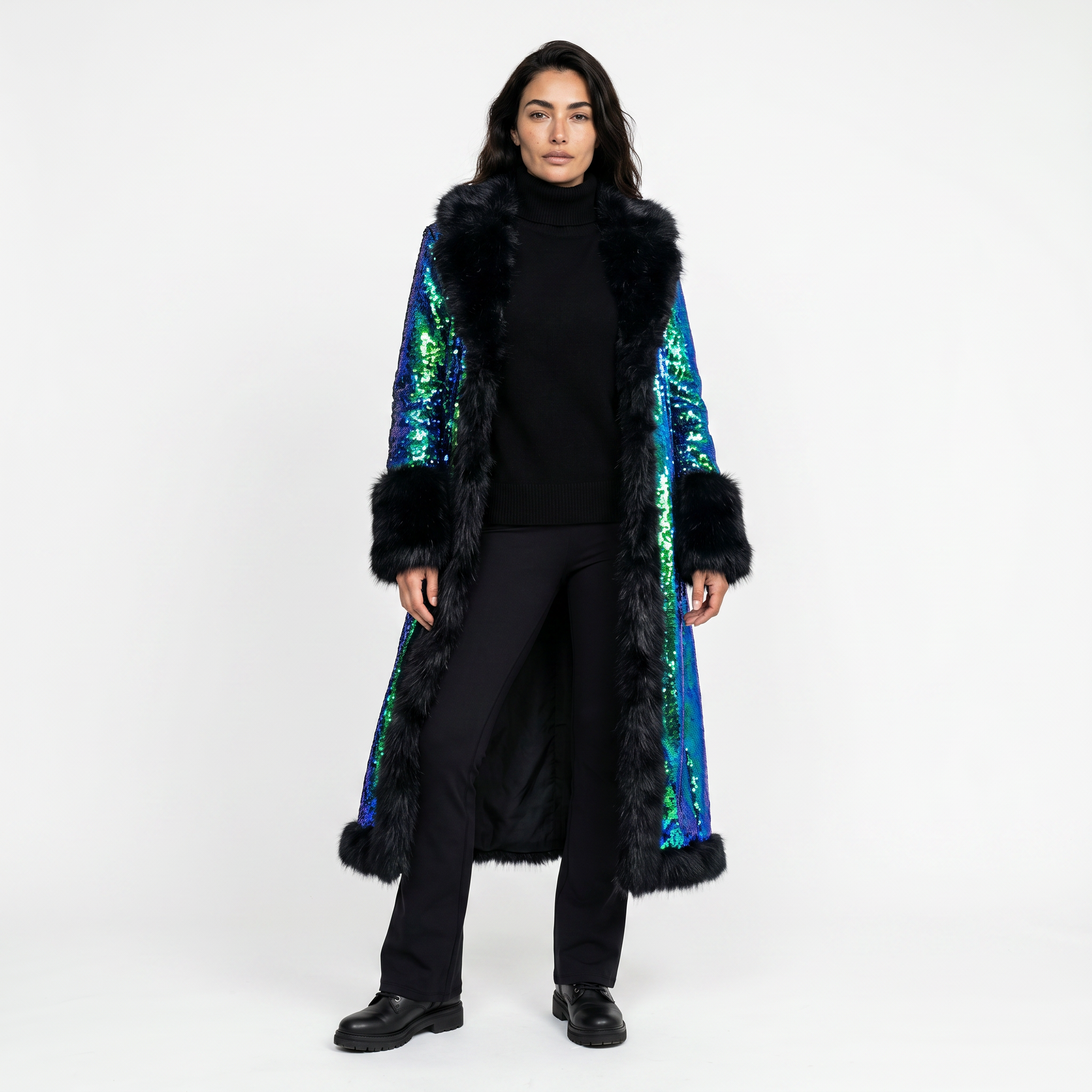 Front view of luxury mermaid coloured Sequin Festival Coat on model showing overall design and fit