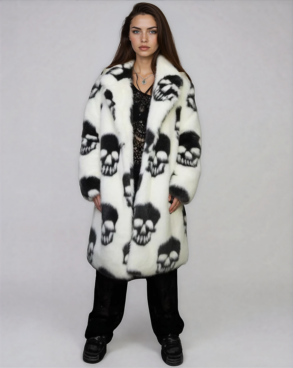Thumbnail: Front view of the Skullduggery Fur Coat on female model in studio showing pocked