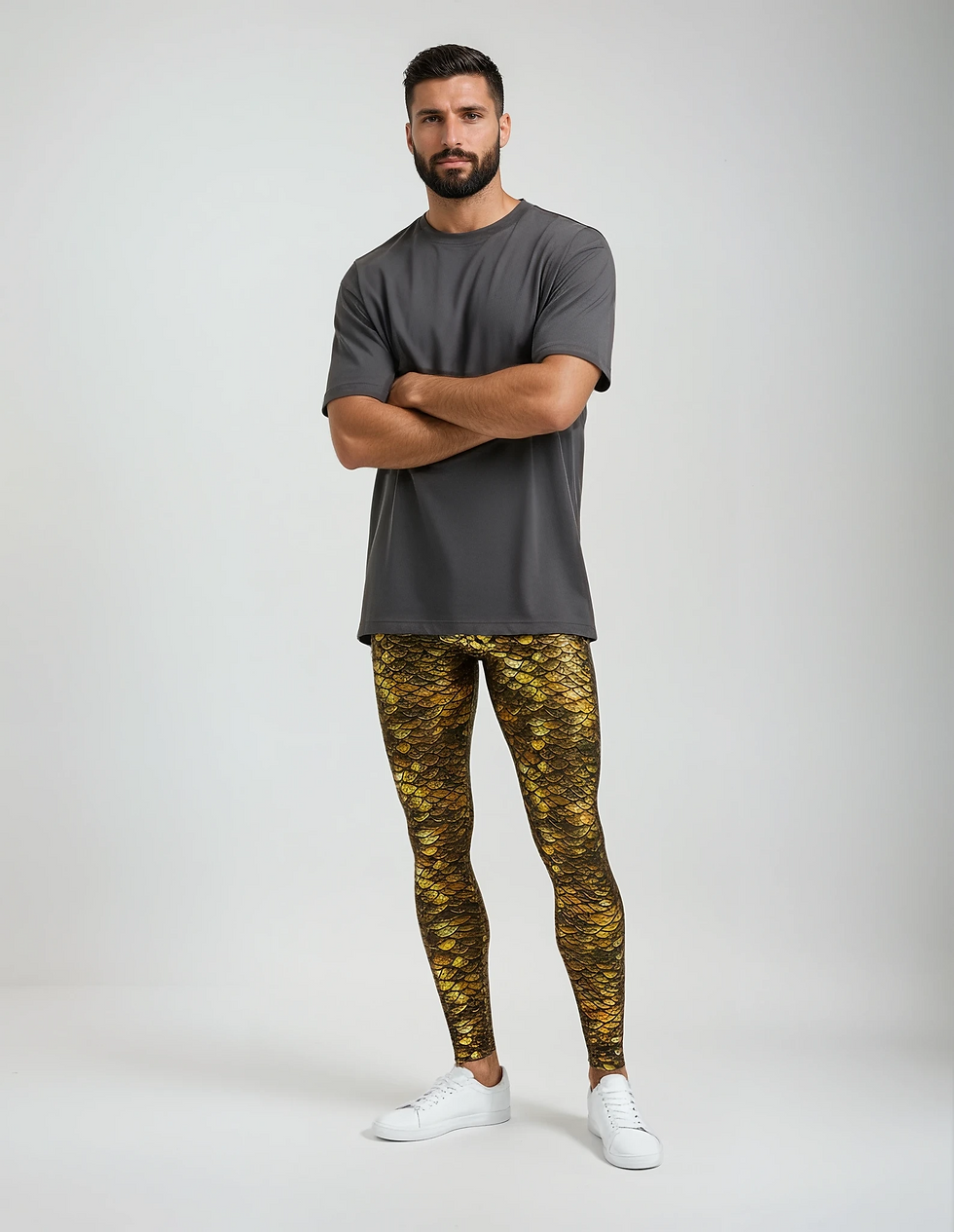 Golden Dragon unisex leggings, front view. man