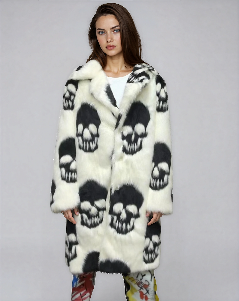 Thumbnail: Front view of the black and white fur coat on female model in studio