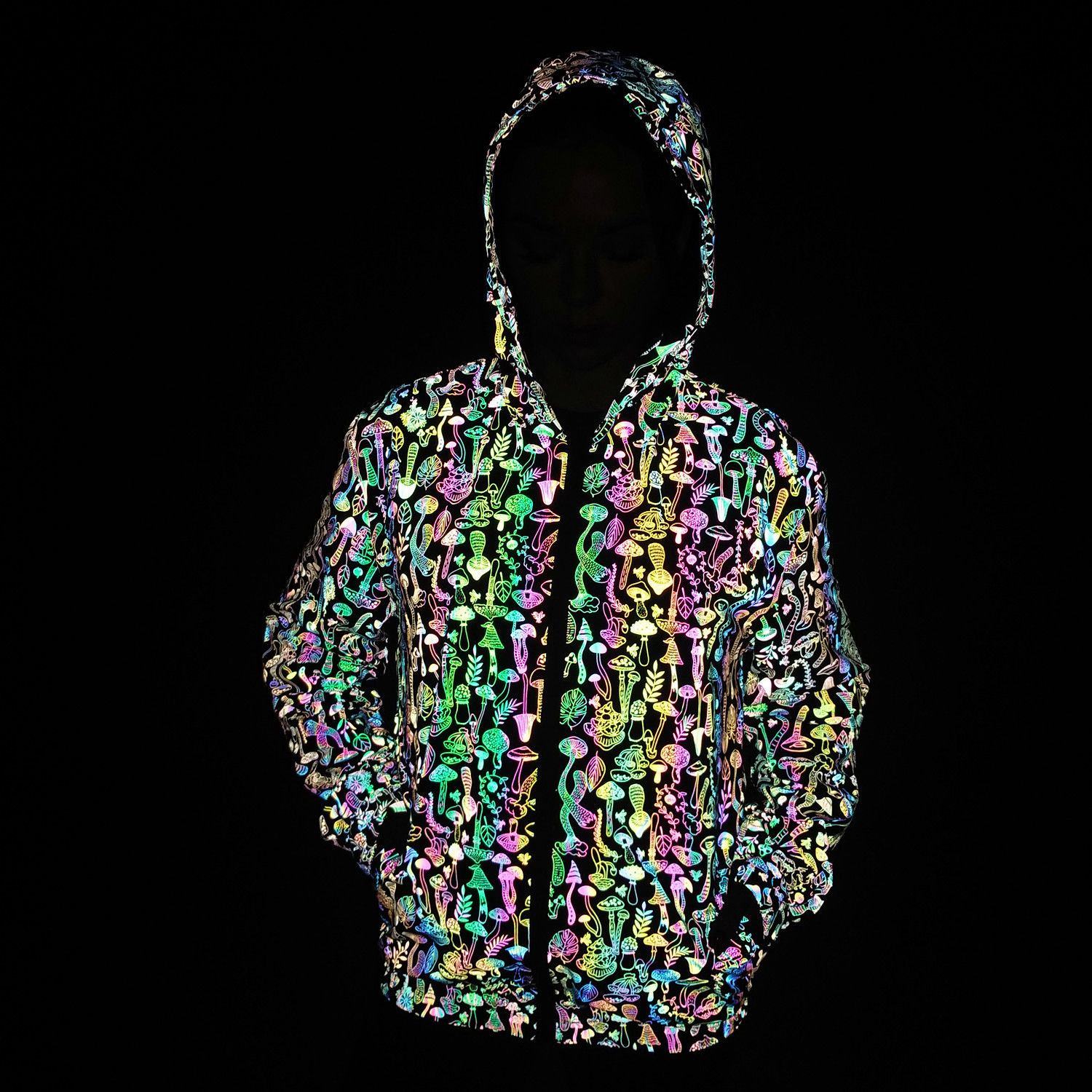 Reflective mushroom print jacket, ShroomStorm Reflective Windbreaker, stylish and glowing in the dark.