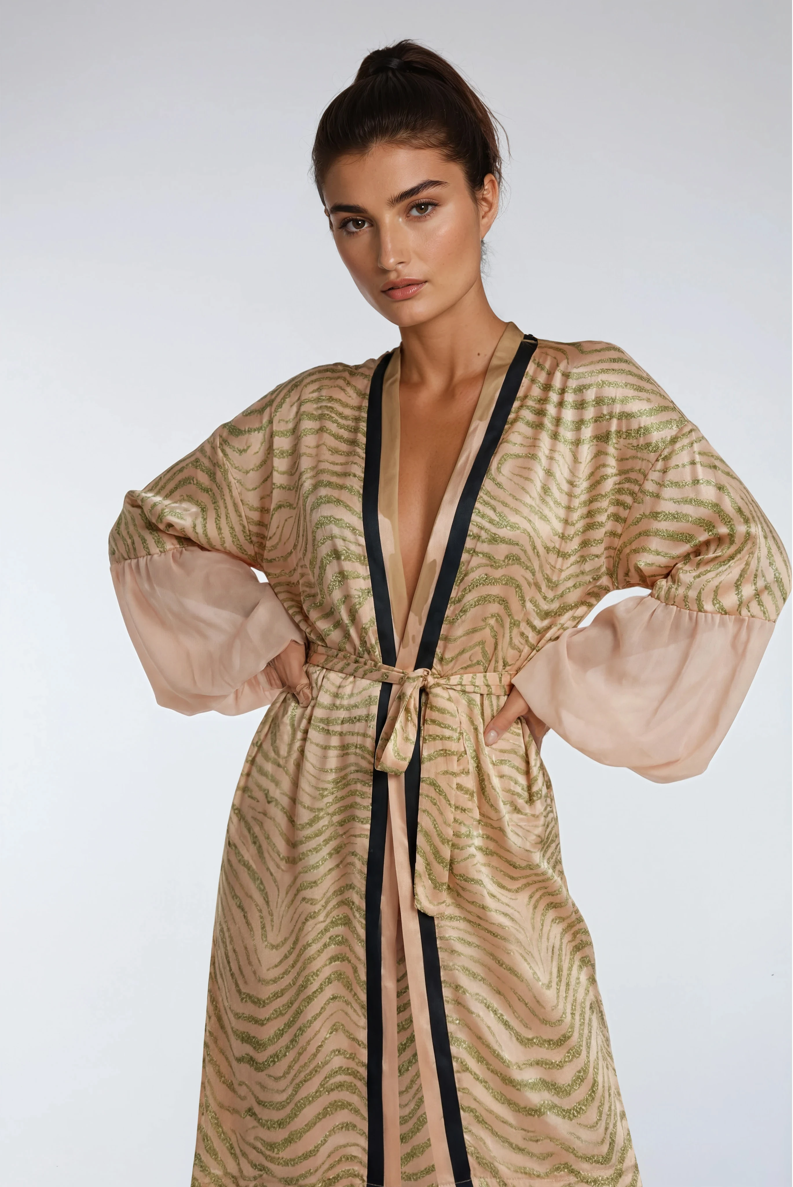 Palm Royale kimono 3/4 front view showing printed satin and dramatic chiffon sleeves
