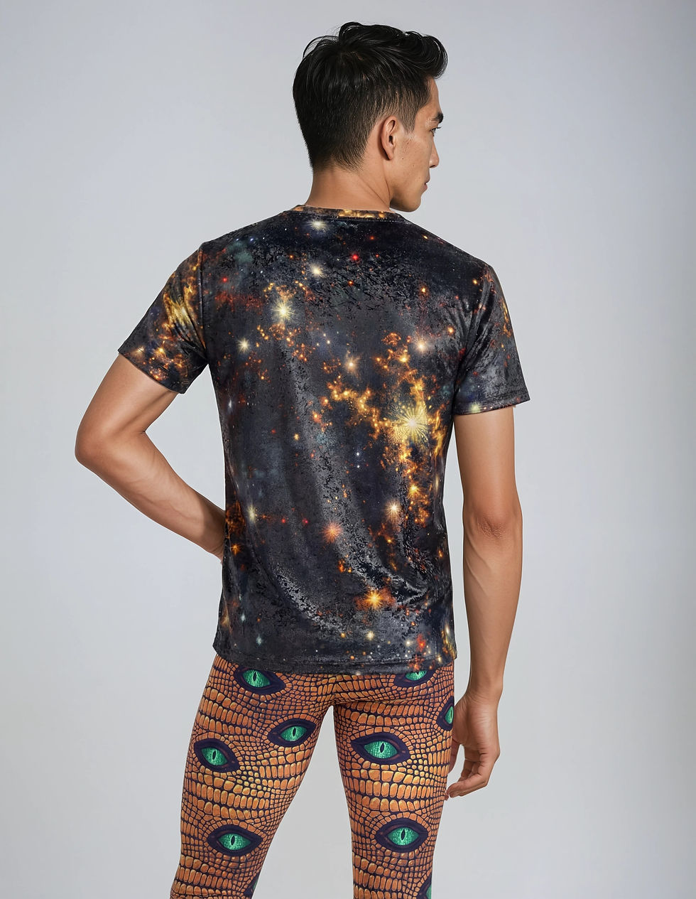 Thumbnail: Cosmic Embers Velvet T-Shirt back view mens galaxy print velvet festival t shirt