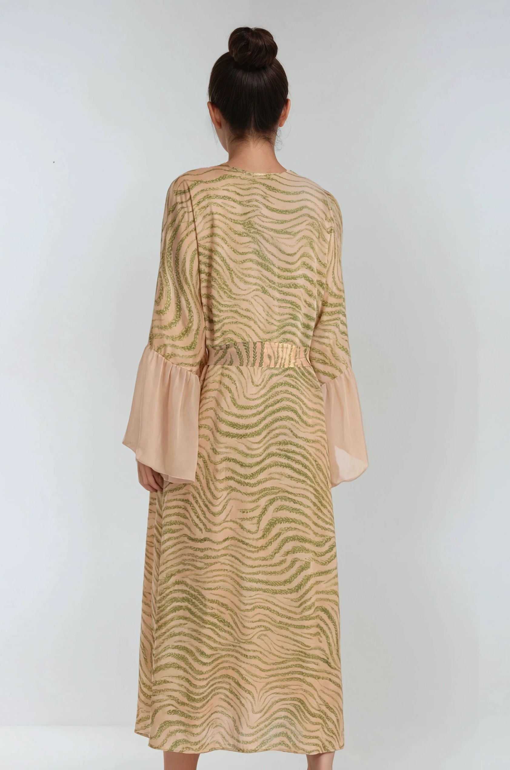 Palm Royale kimono back view showing printed satin and dramatic chiffon sleeves