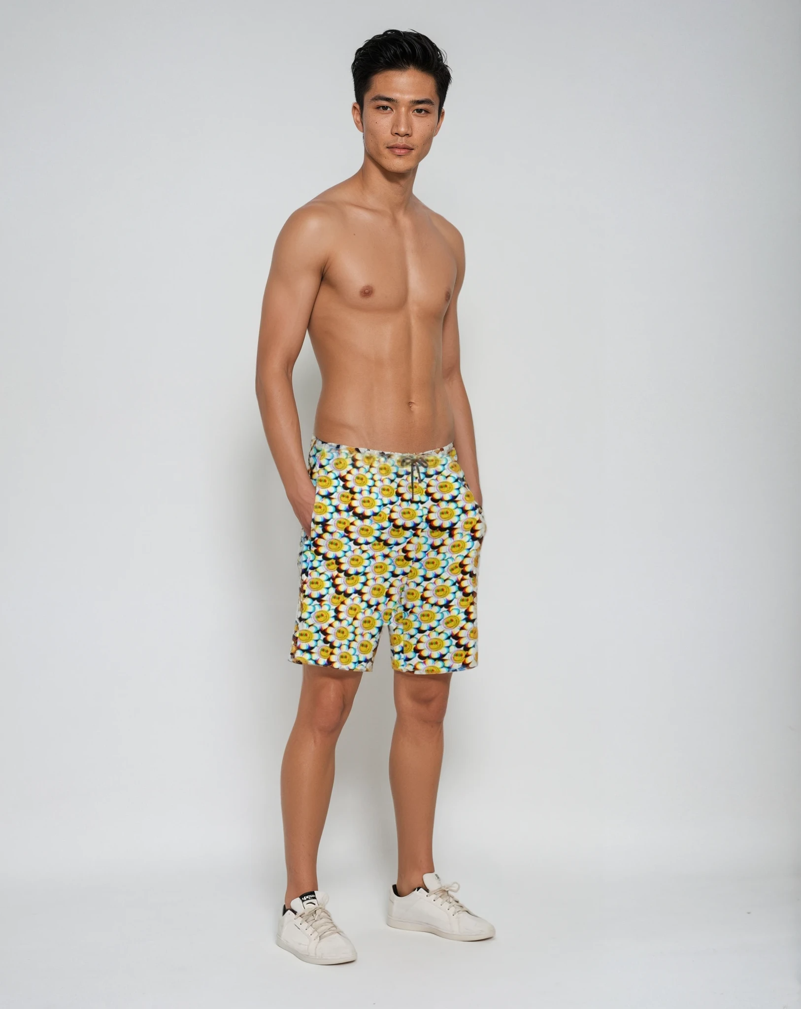 Side angle of the Crazy Daisy Beach Shorts on model, showing design and fit