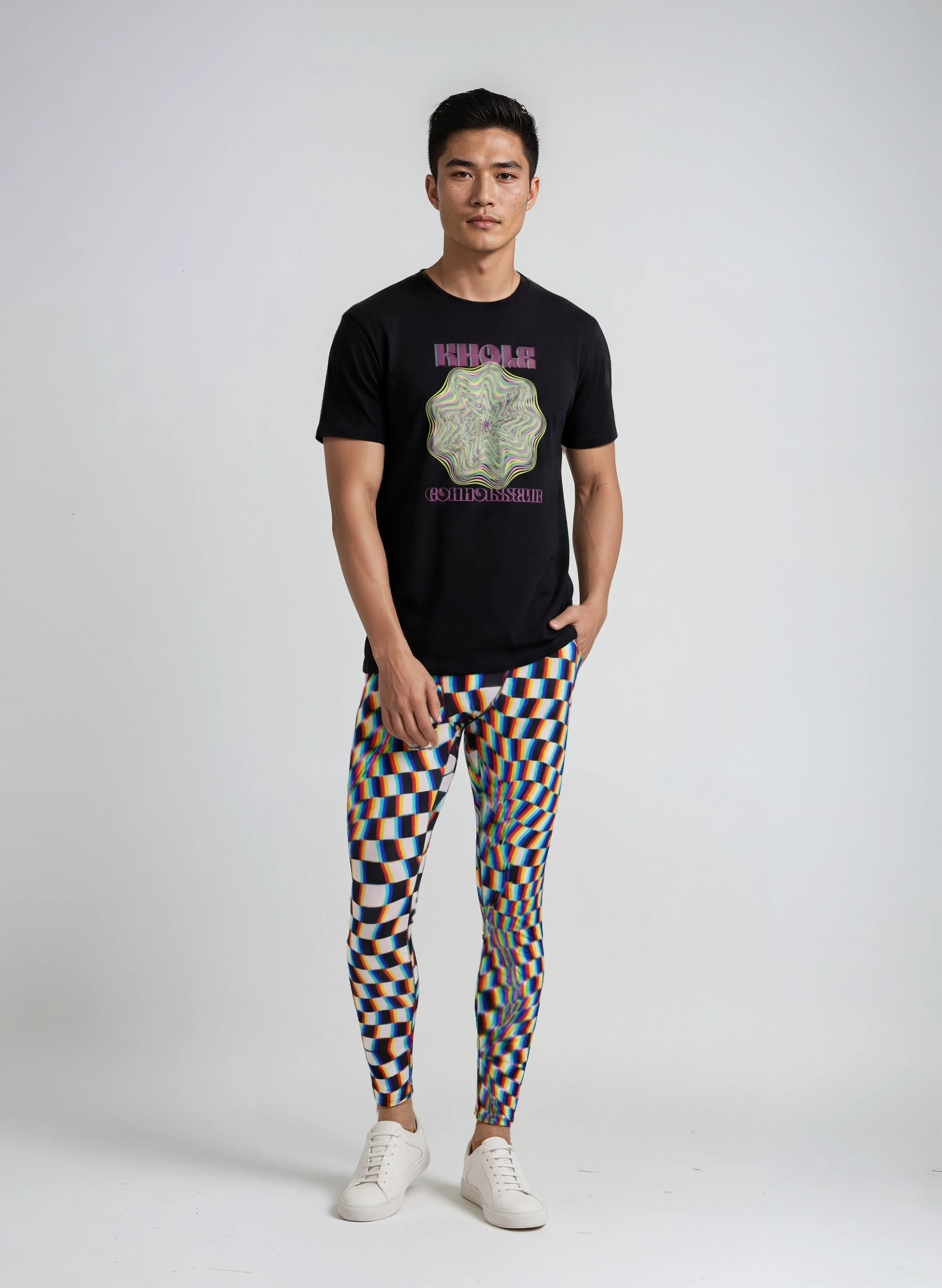 Front view of the Glitch Grid men's festival leggings on model