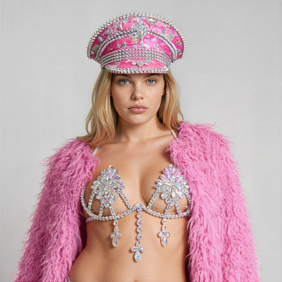 Thumbnail: Close up view of the pink fur festival coat on model in studio