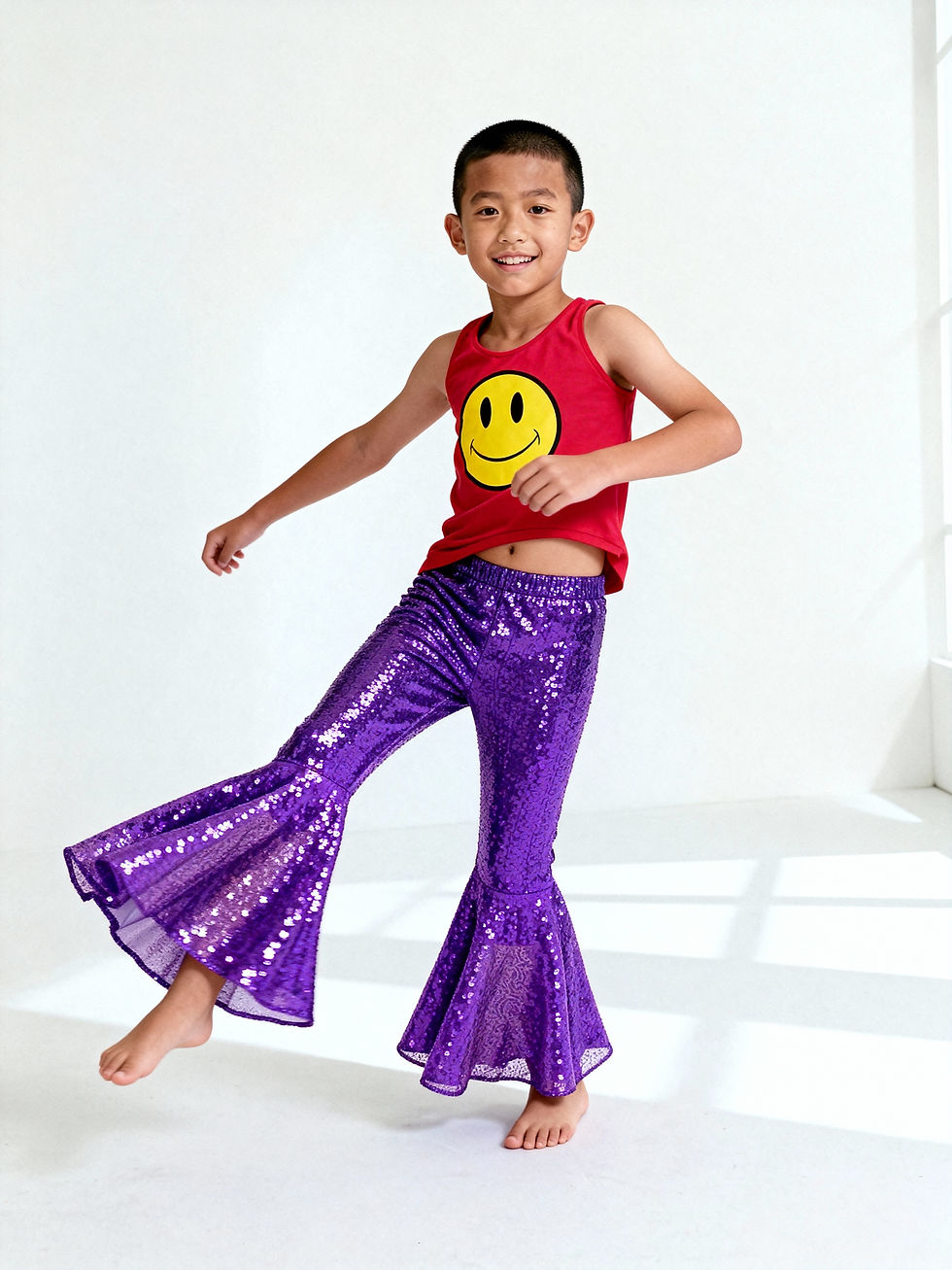 Thumbnail: Front view of Royal Pulse sequin flares on child showing natural fabric flared legs