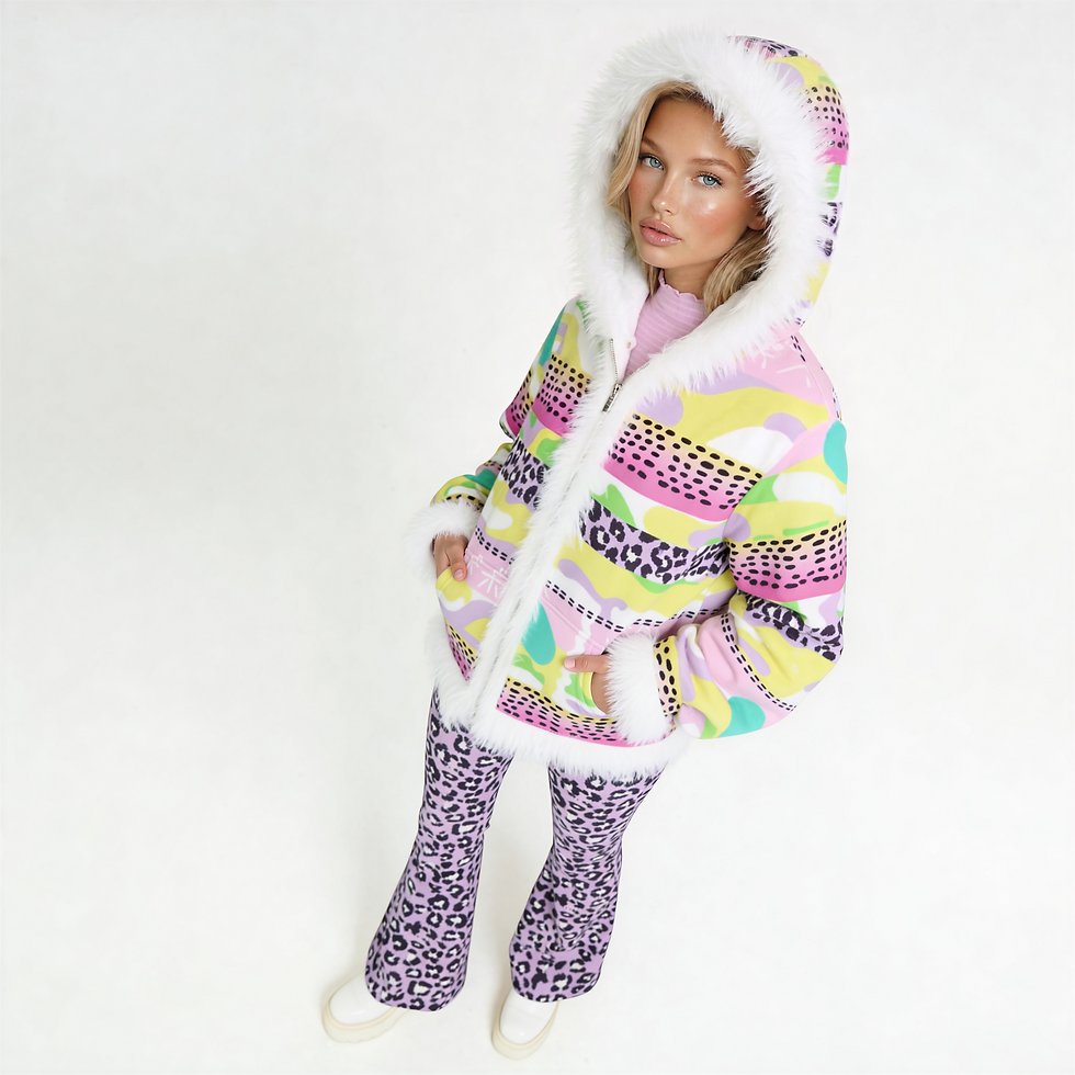 Editorial view of the Static Patchwork Velvet hoodie with fur trim