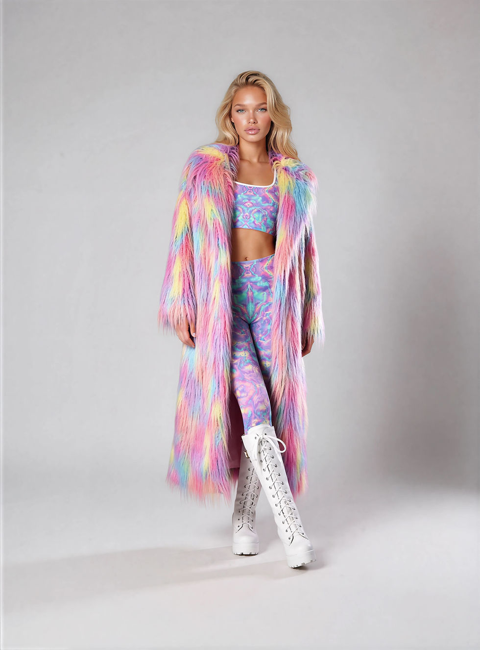 Front view of the Sherbet multicolour pastel fur coat on model in studio