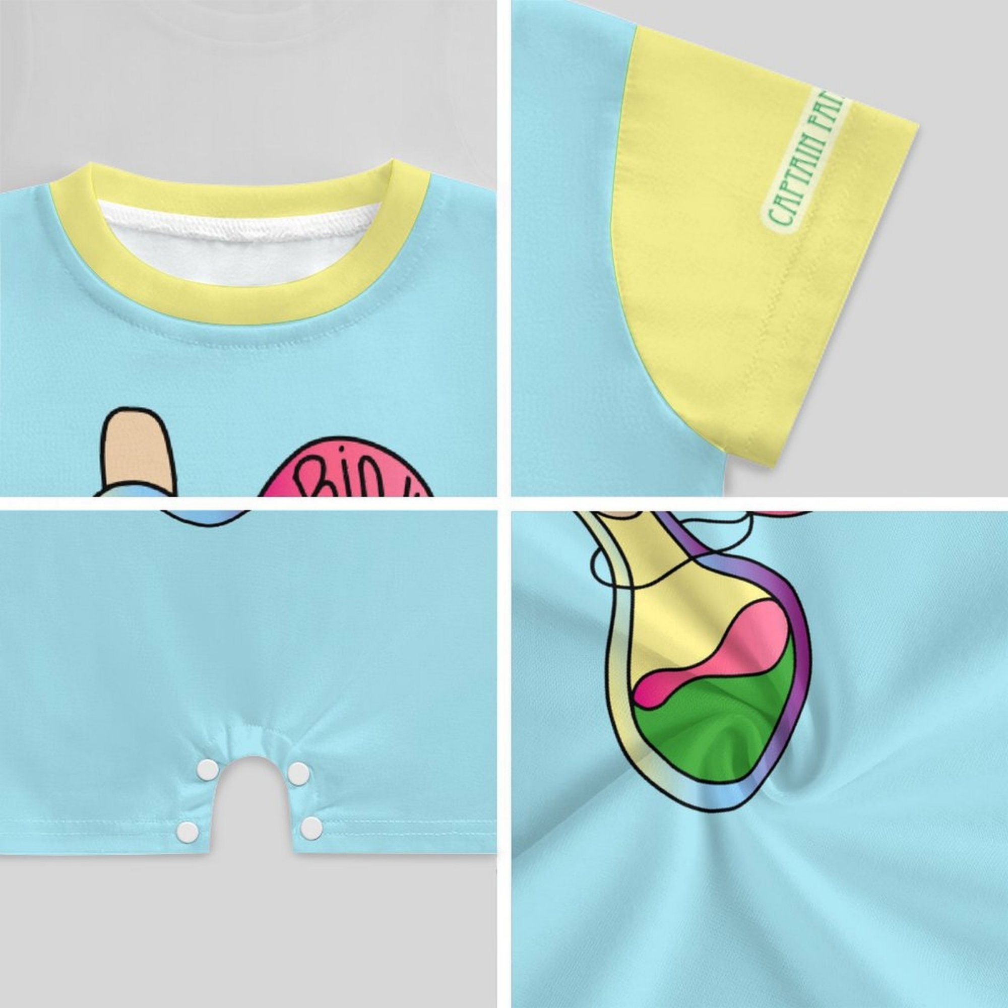 Details of the Drink Me baby romper showing the colourful hand-drawn potion bottle graphic.