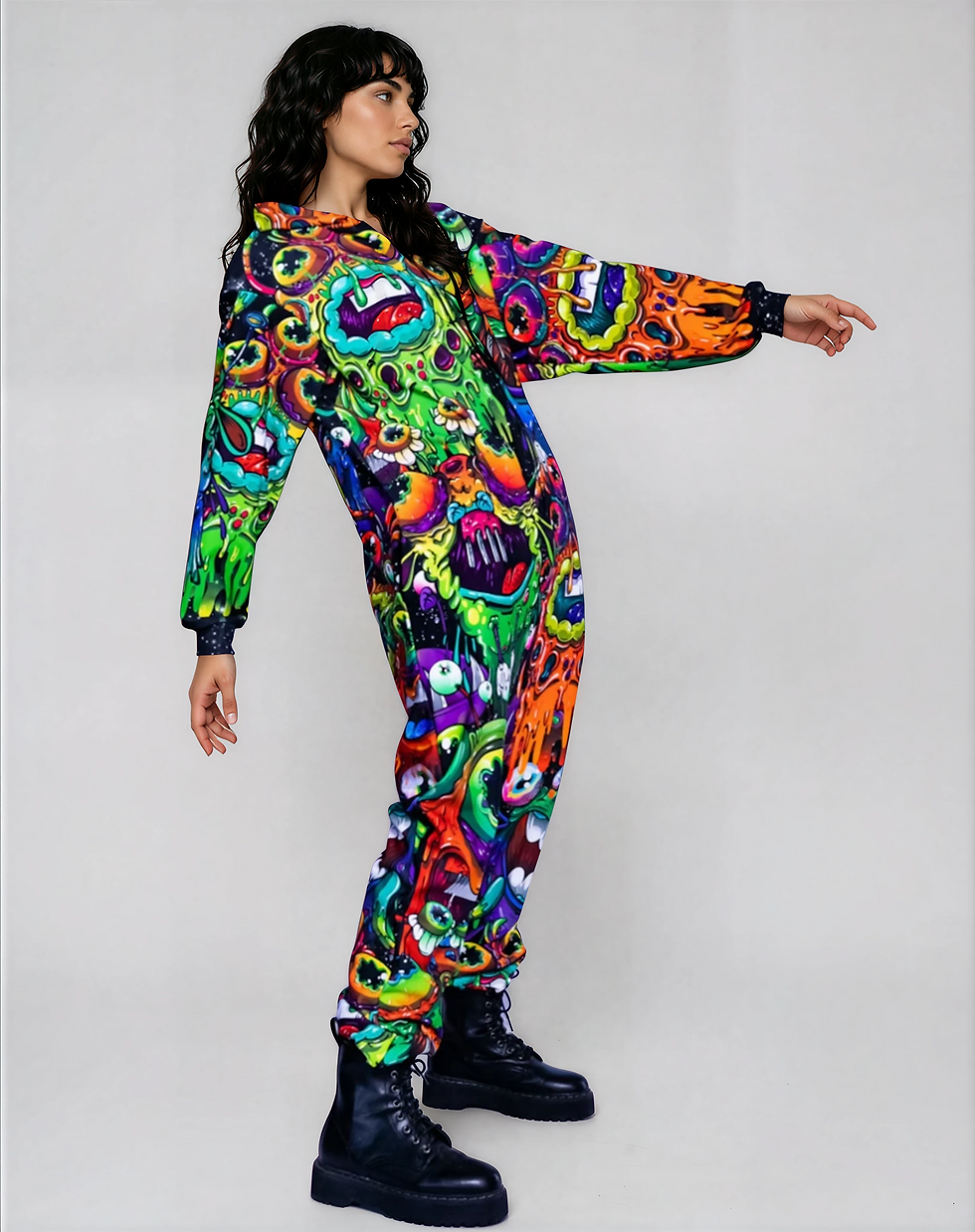 Thumbnail: Acid Slime Onesie side view hooded rave onesie with cuffed ankles