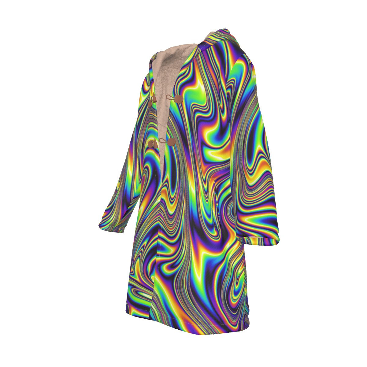 Alternate isolated view of the Baddie trippy rave coat showing hood and oversized design