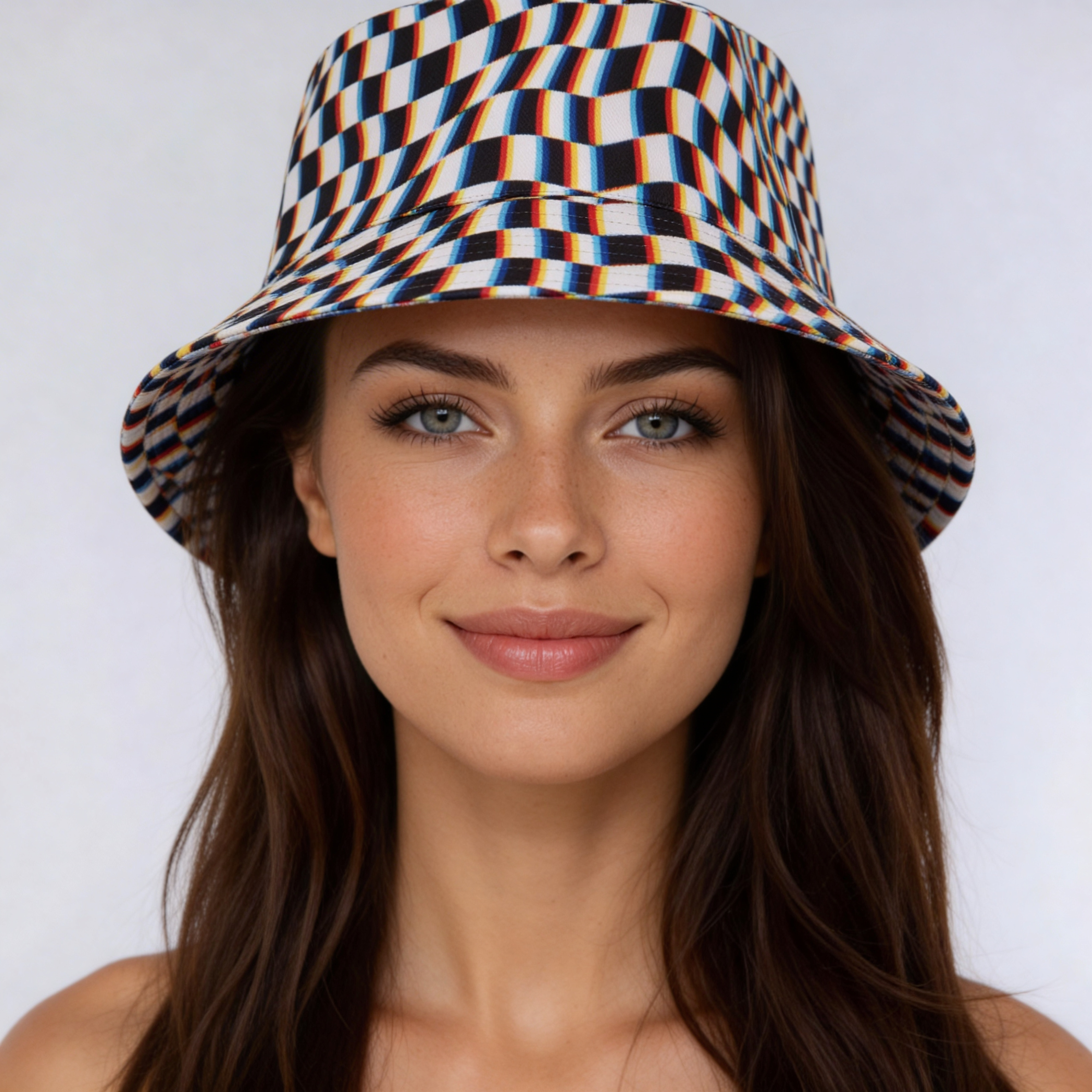 Front view of the Glitch Grid bucket hat on model, showing glitched checkered print