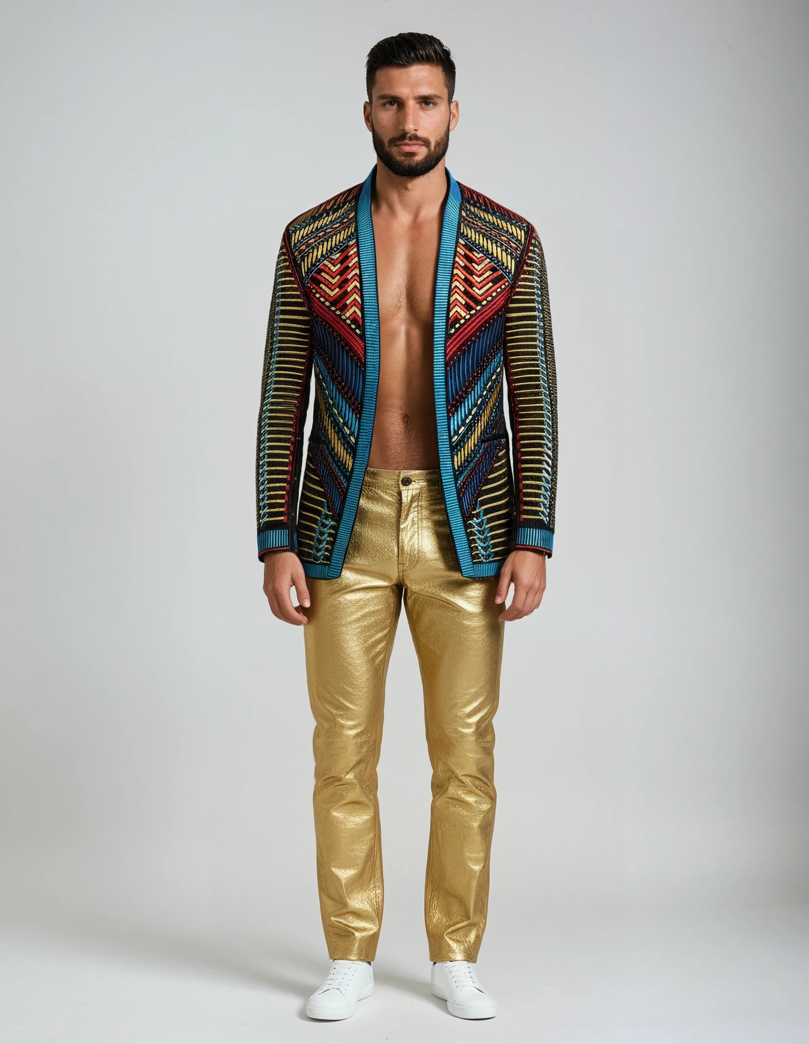 Front view of the African Prince Embroidered Velvet Jacket on a model, showing overall fit and design.