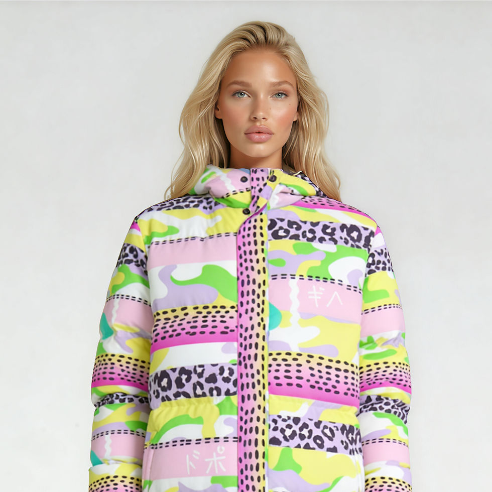 Thumbnail: Front view of the Static Patchwork longline puffer coat on model showing closed front with placket
