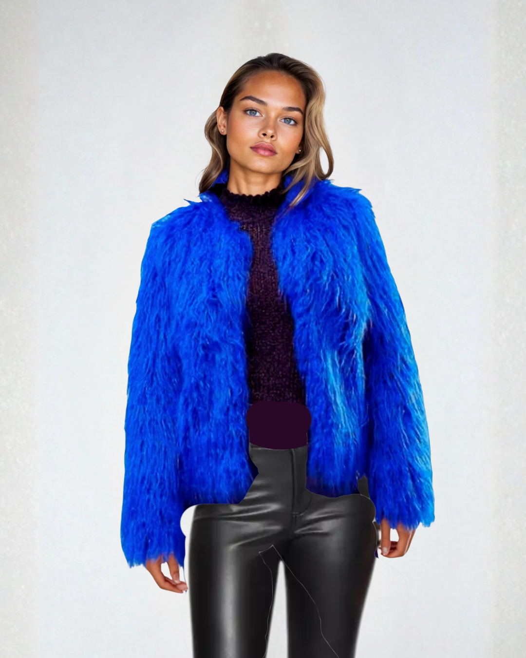 Cookie Monster blue faux fur coat, front view