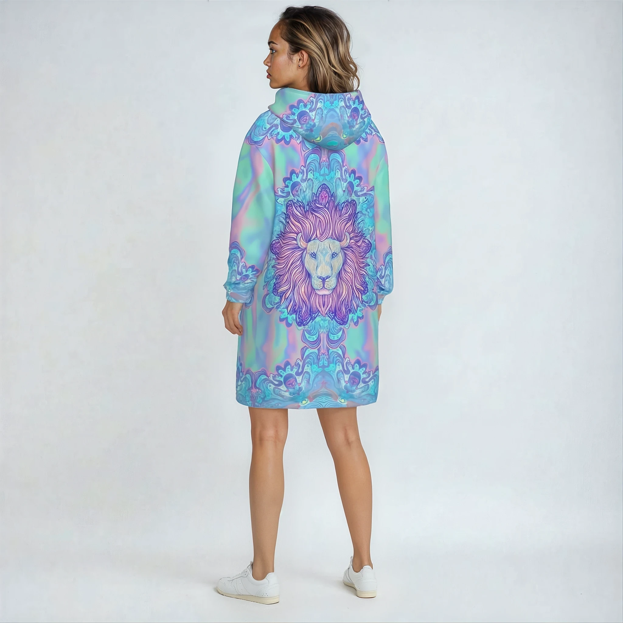 Back view of the Lion Spirit Rave Coat on Model, full length shot showing coat length