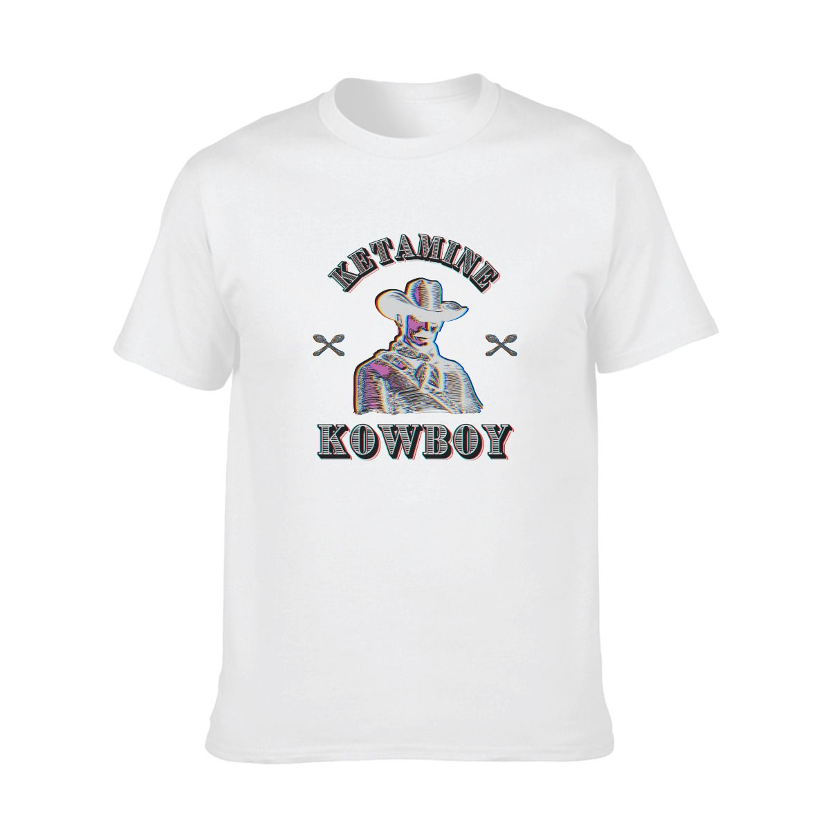 Isolated view of Ketamine Kowboy graphic streetwear white tshirt