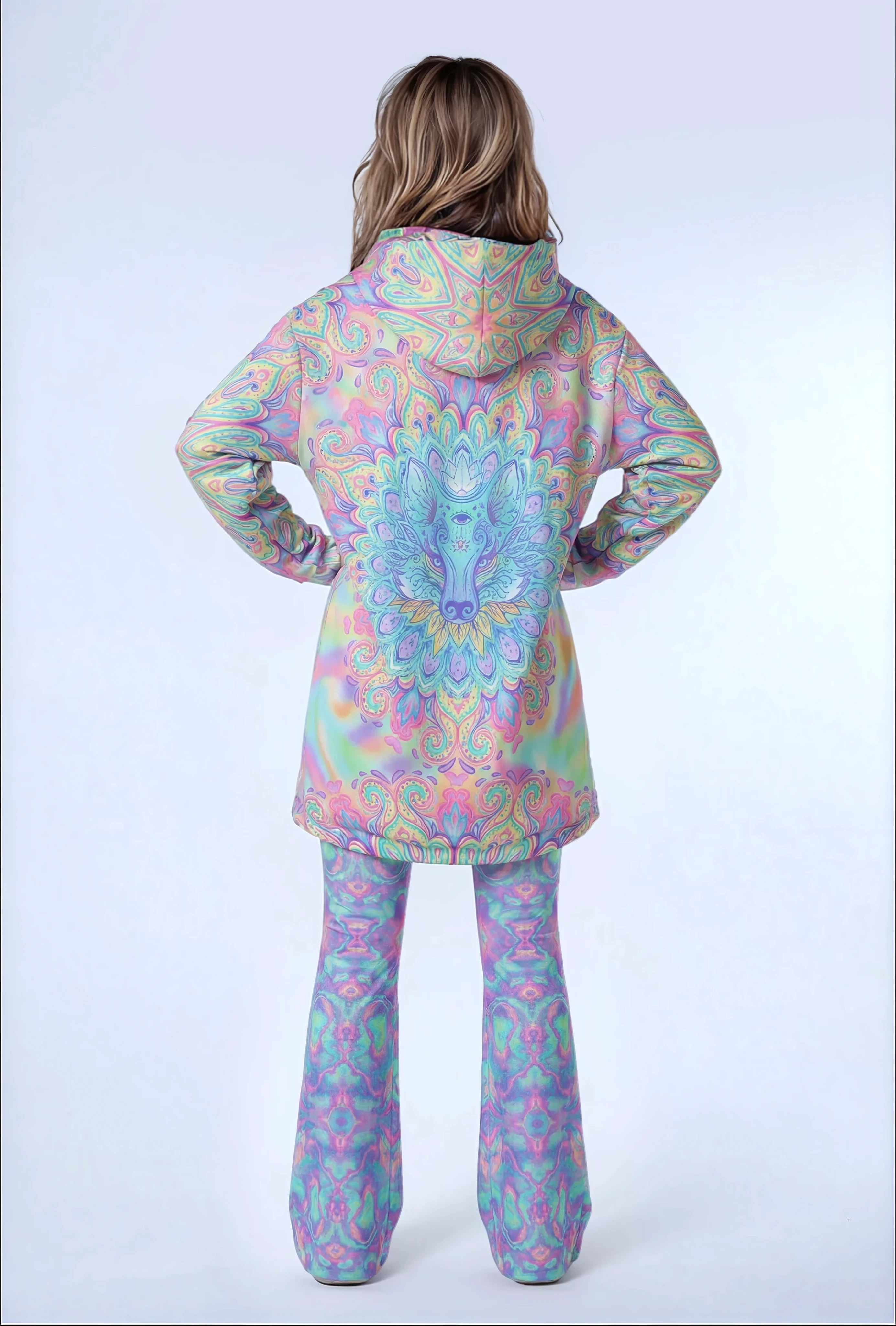 Back view of the Wolf Spirit animal rave coat showing wolf head and mandala print