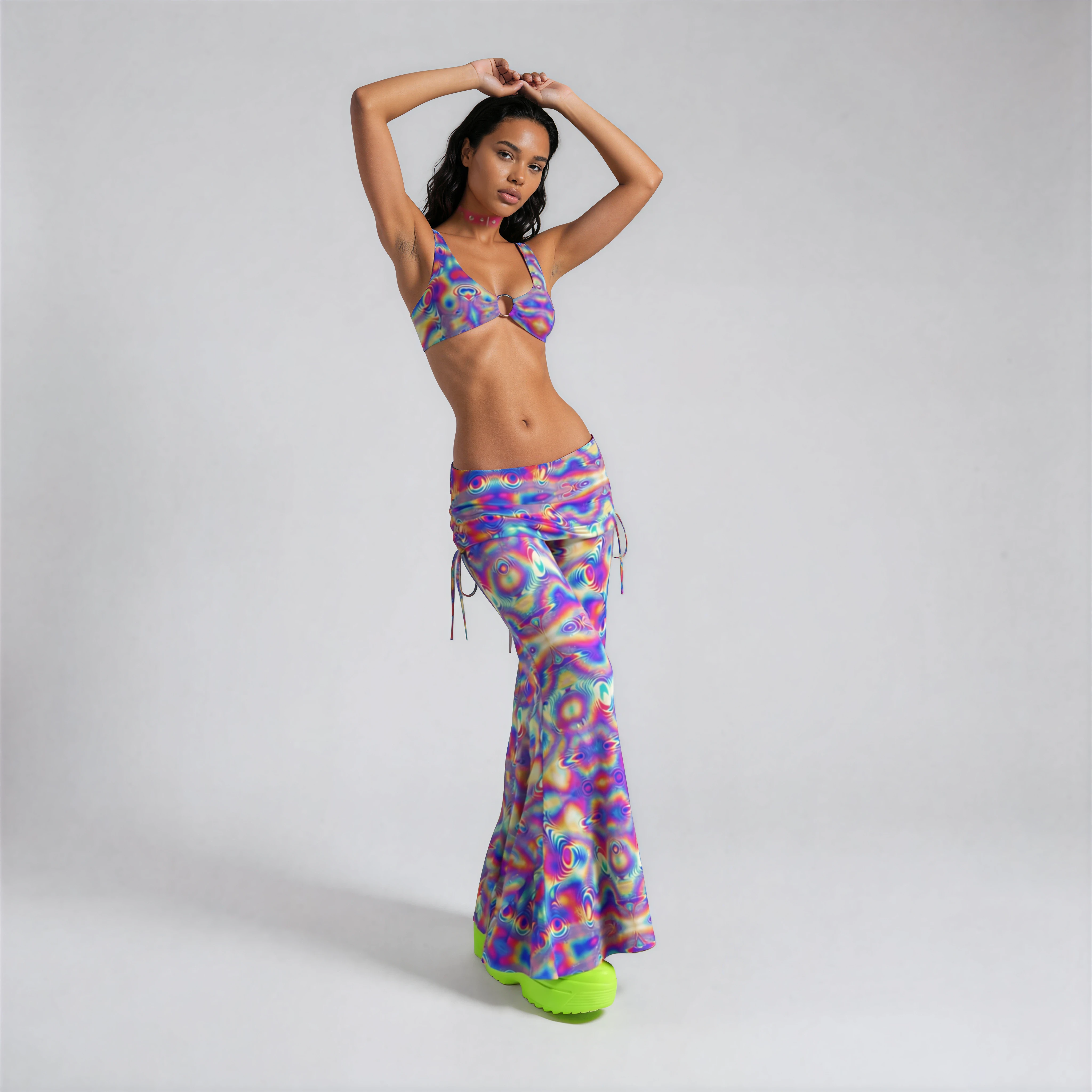 Front view of trippy loose pants on model in studio
