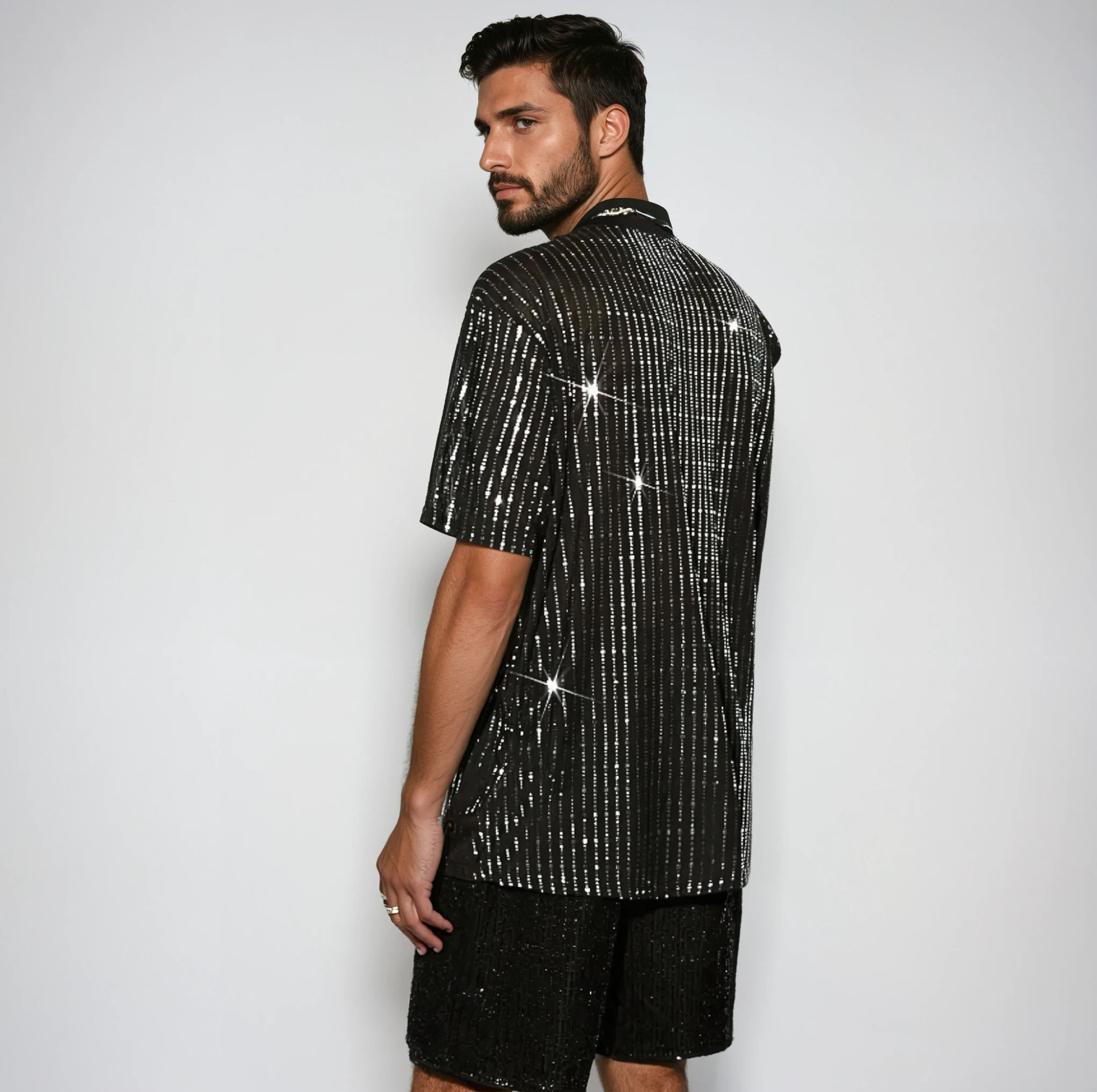 Back view of the Silver Current mesh t-shirt on model in studio