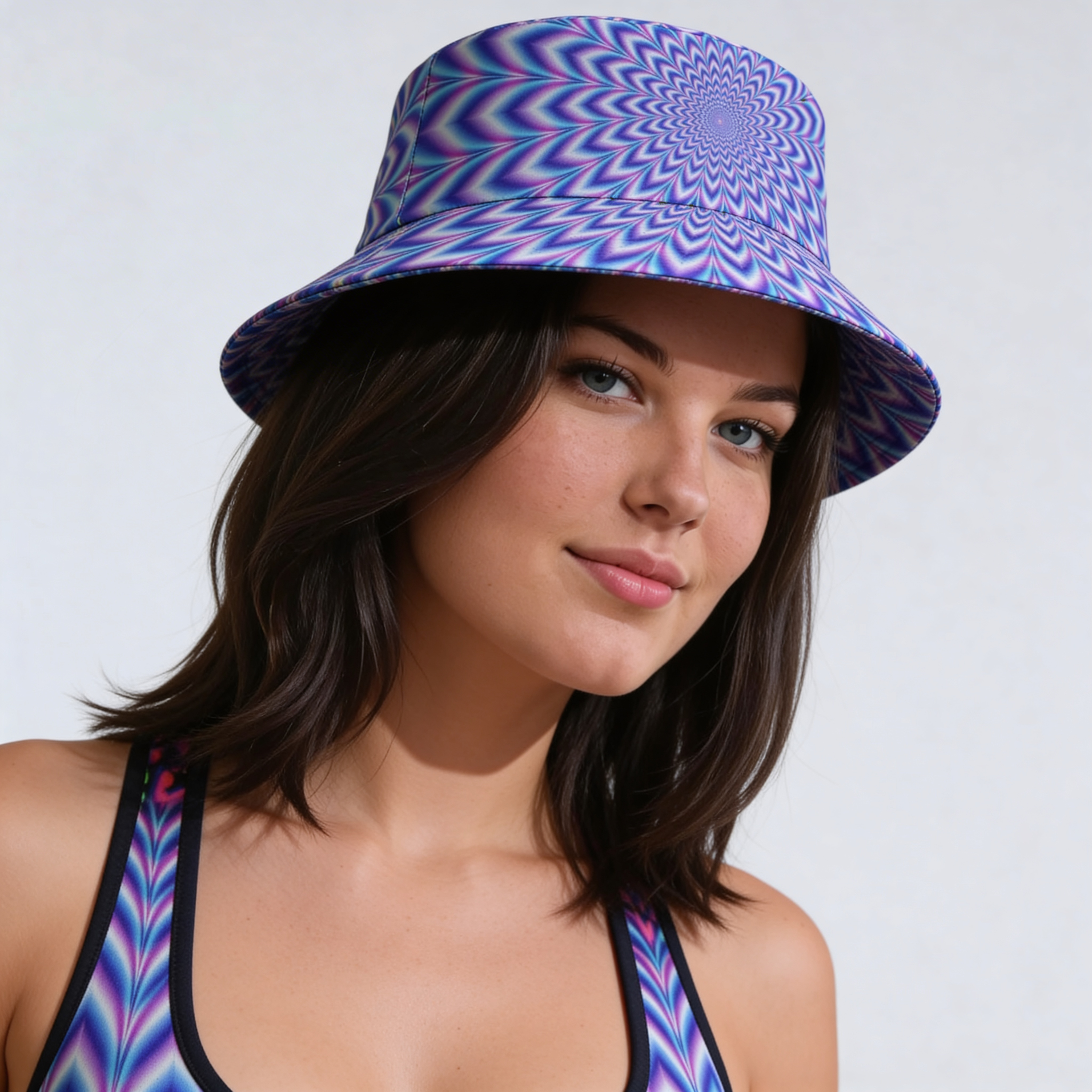 3/4 view of the Lavender Trip bucket hat on model, styled with matching sports bra
