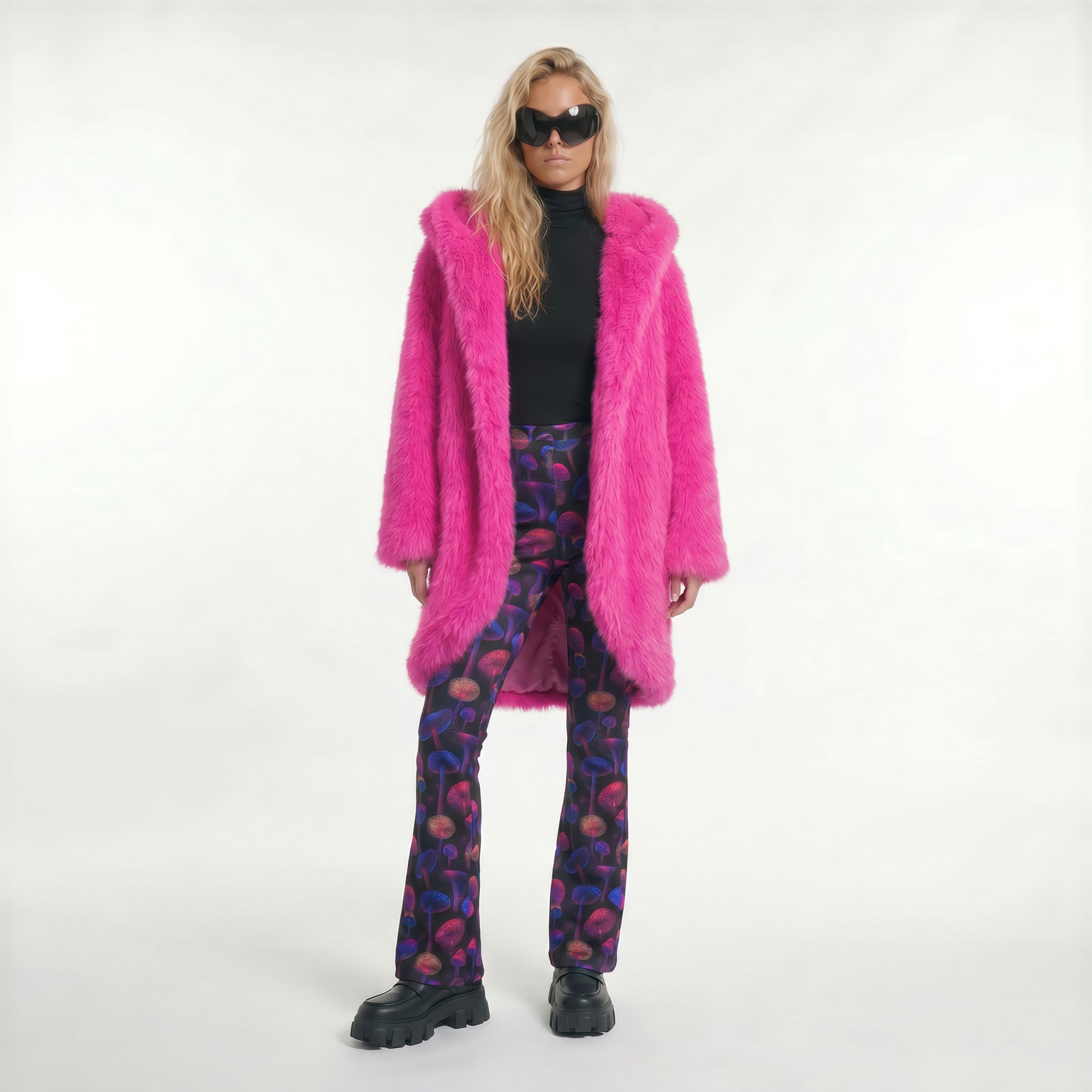 Front view of the Bubblegum Queen pink faux fur coat on model with hood down