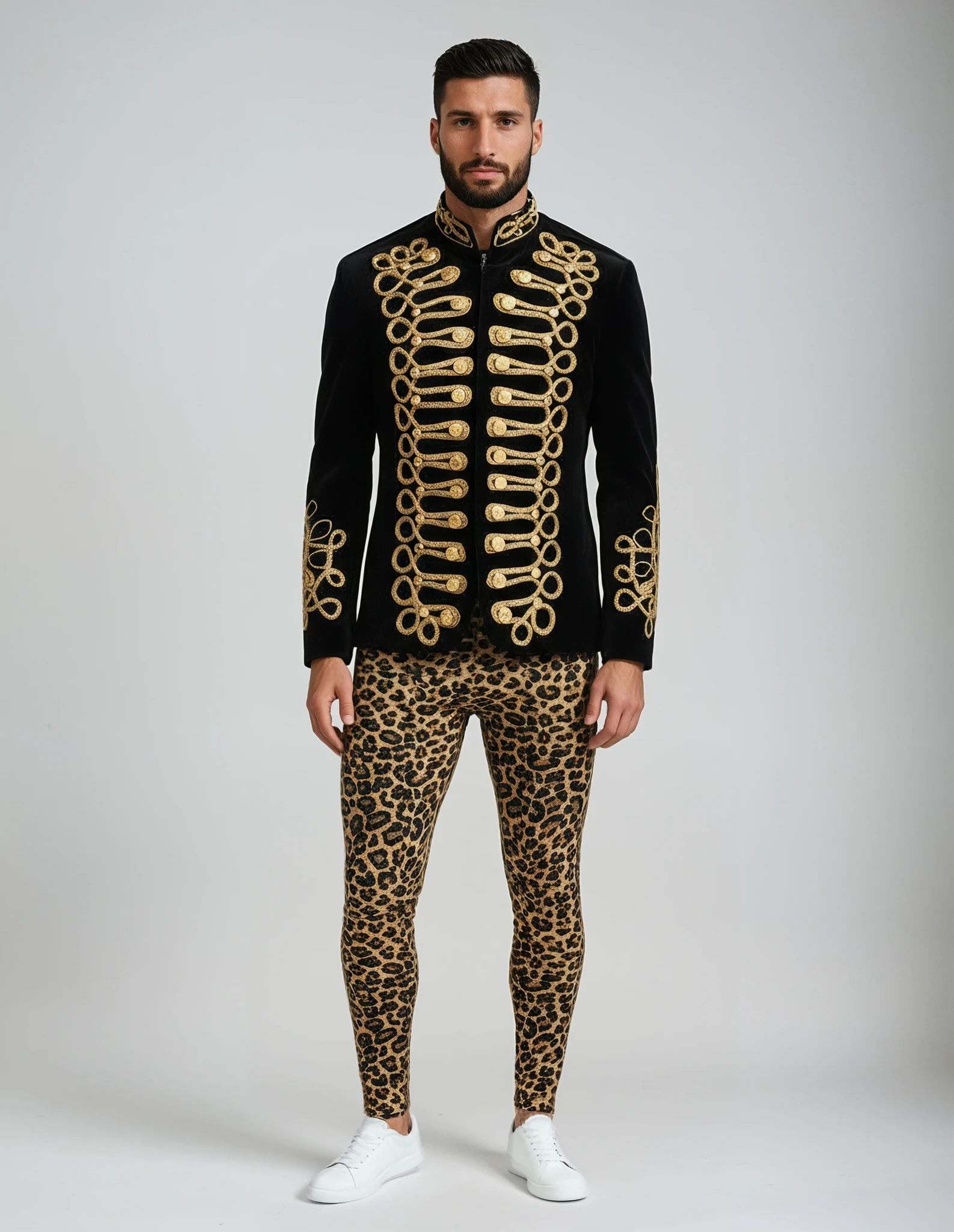 Front view The Hendrix men’s gold velvet military jacket, featuring detailed metallic rope embellishment, jacket losed