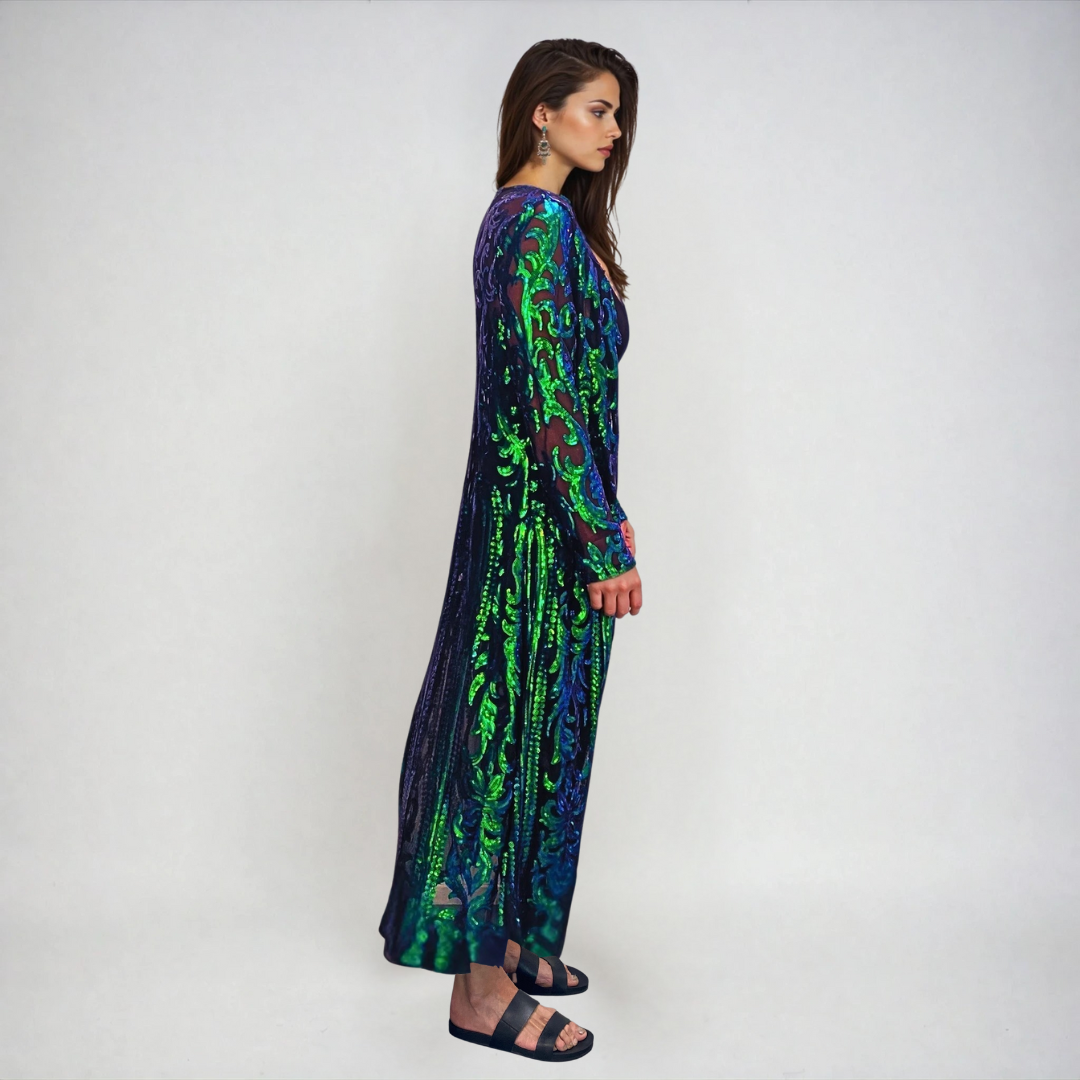 Side view of the Ocean Siren mermaid iridescent green sequin festival kimono on model in studio