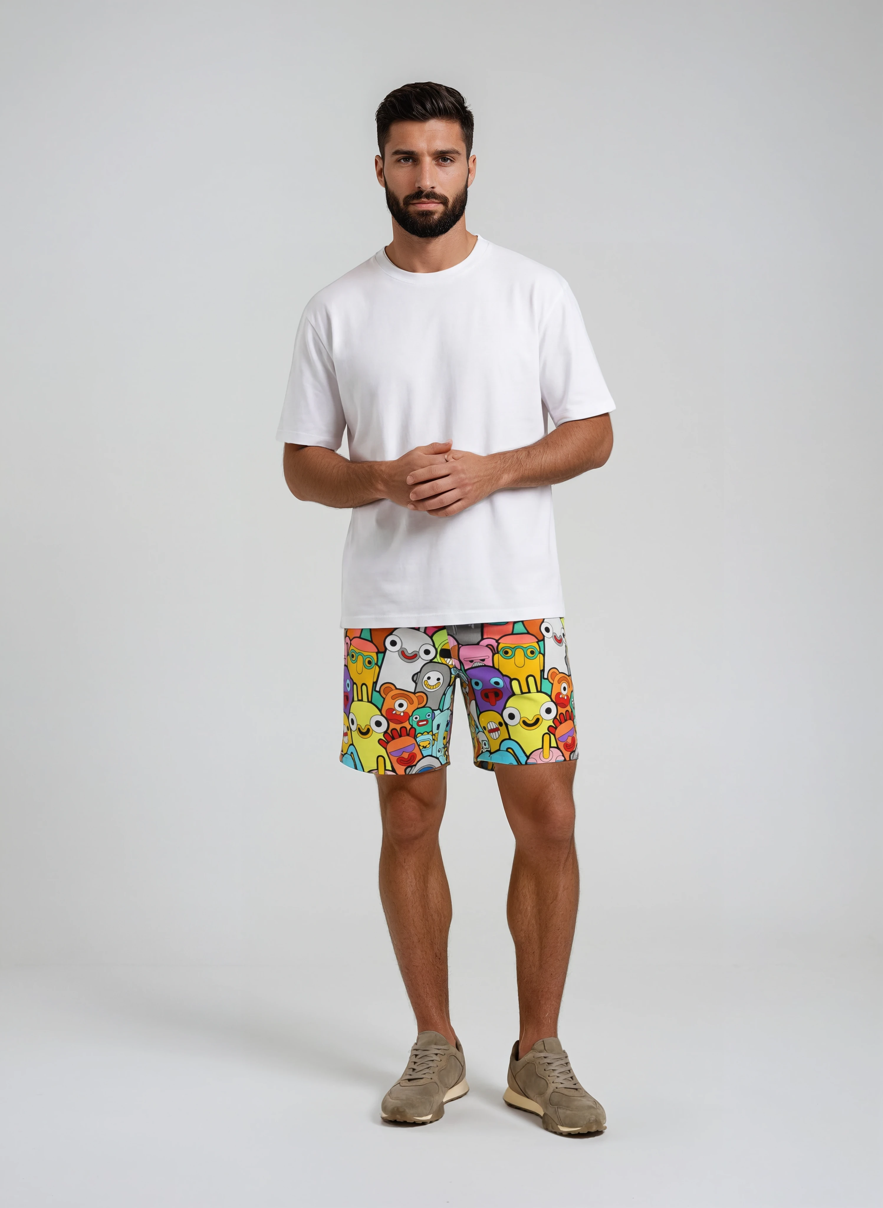Front view of the Party Monsters by Captain Fantastic beach shorts on model in studio