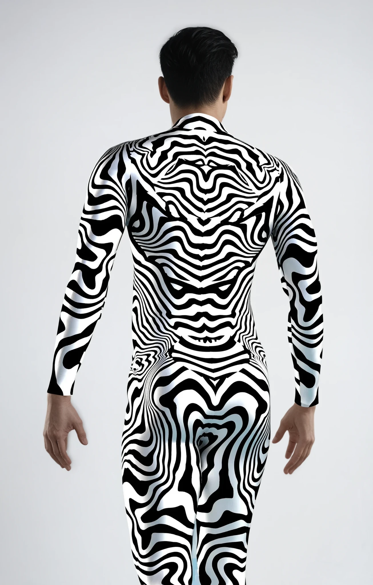 Back view of the Zebra print men's spandexl catsuit on model showing design and fit