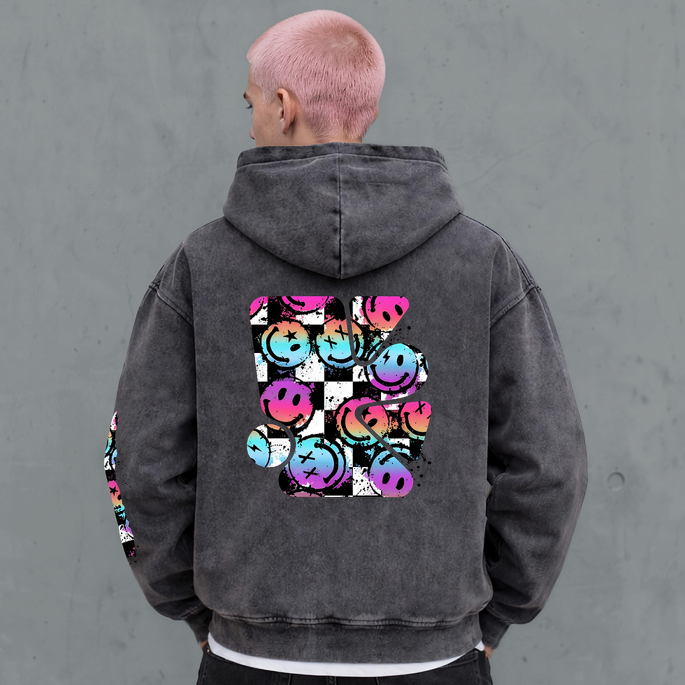 Back up front view of the Happy Hardcore vintage hoodie showing acid house smiley face back print