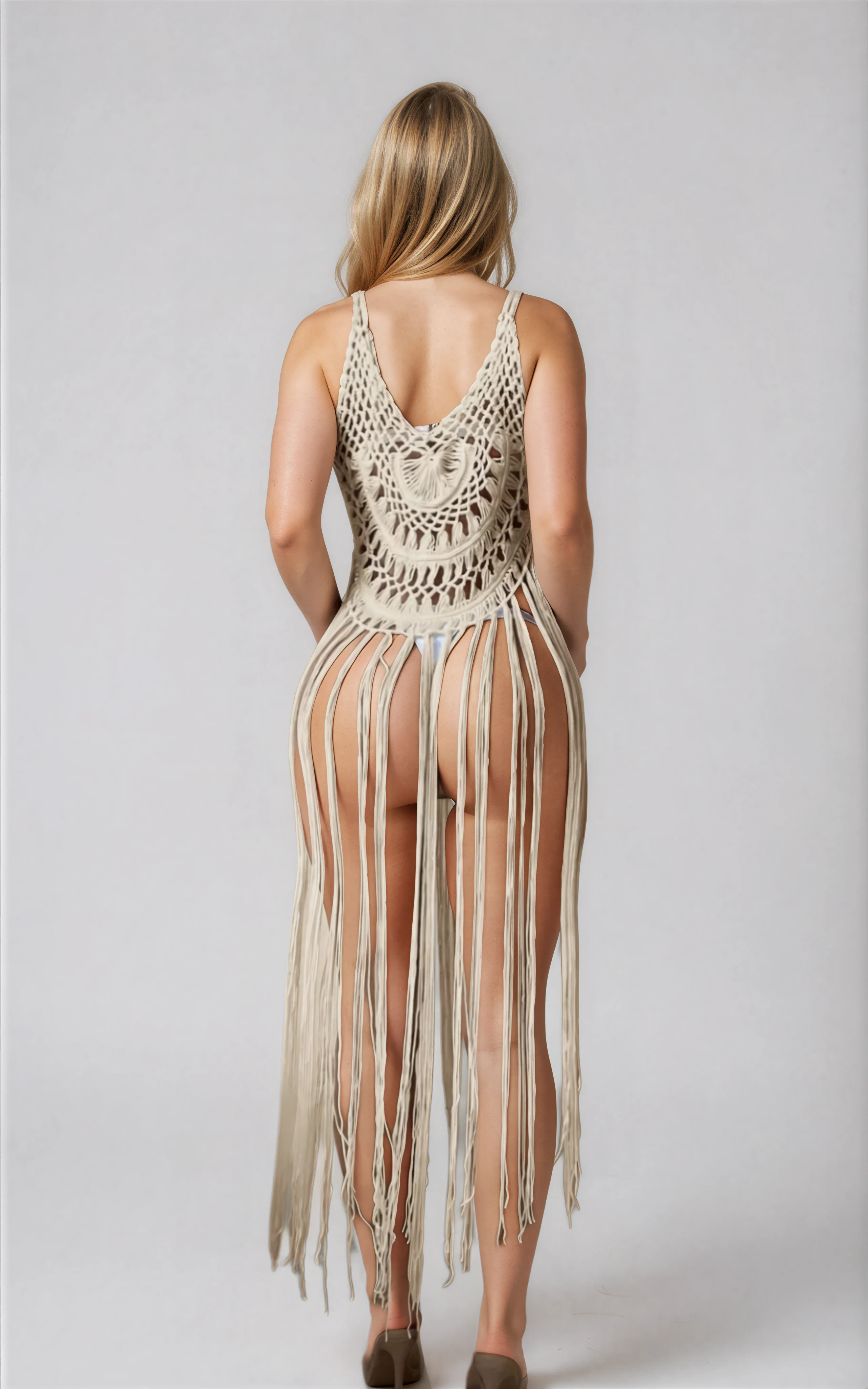 Back view of Desert Mandala crochet beach coverup dress on plus size model in studio