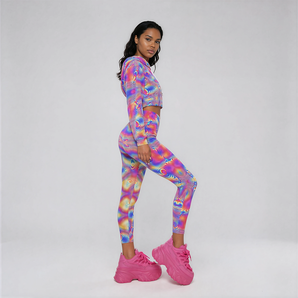 Side view of the Wubs unisex festival leggings on female model showing trippy print