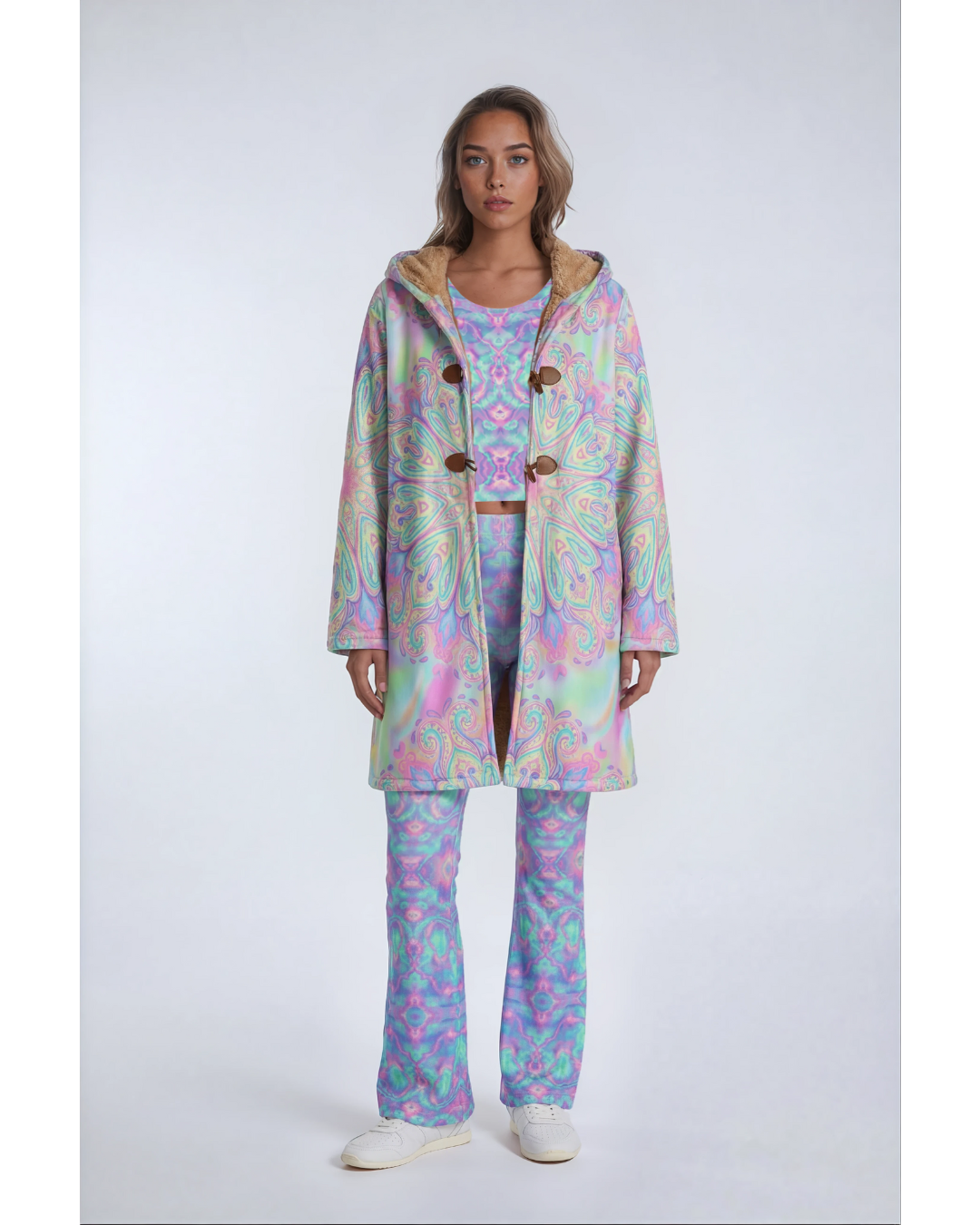 Alternate front view of the Wolf Spirit rave coat styled with pastel sports bra and matching flares