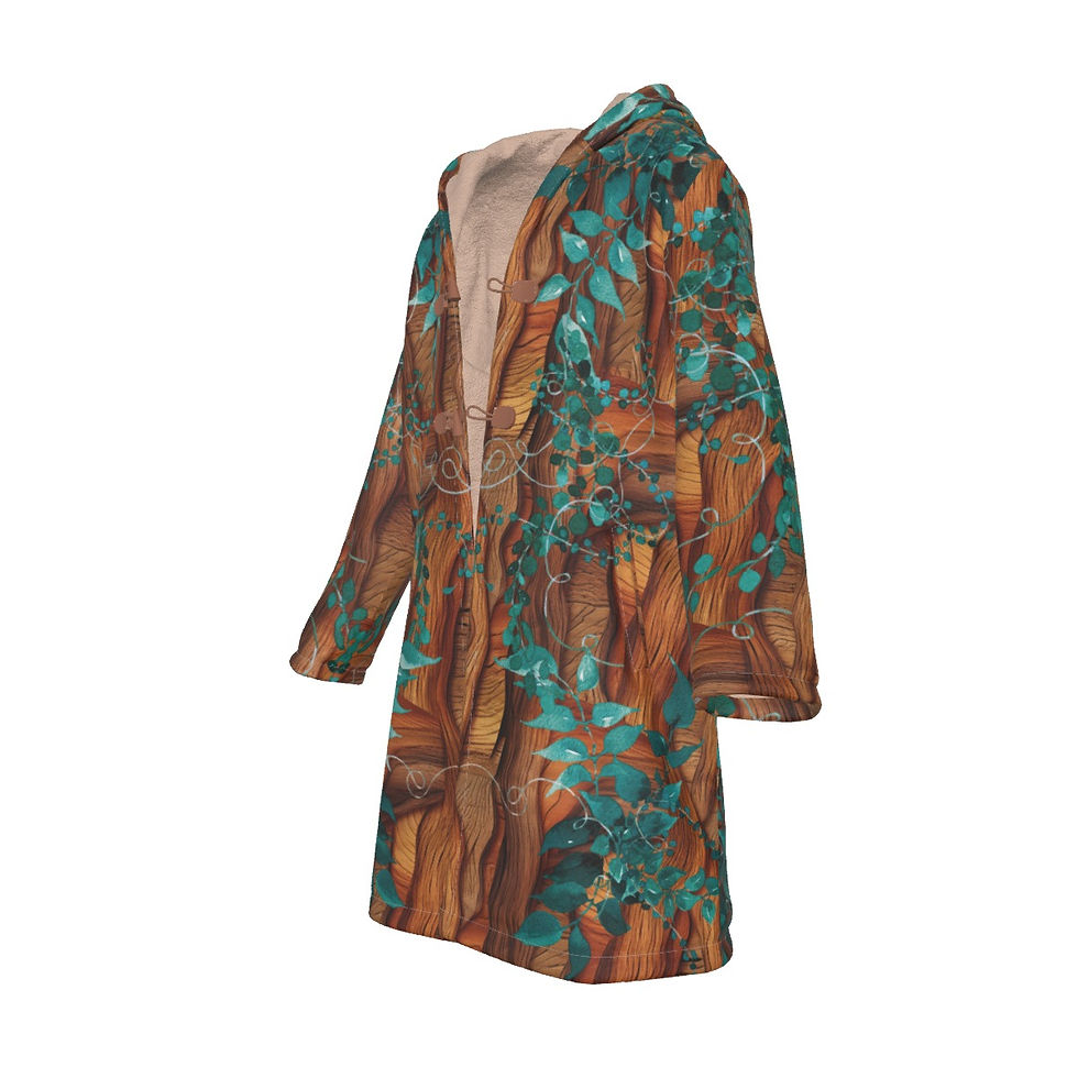 Thumbnail: Woodland Stag rave coat, isolated back view showing Celtic deer head and woodgrain print
