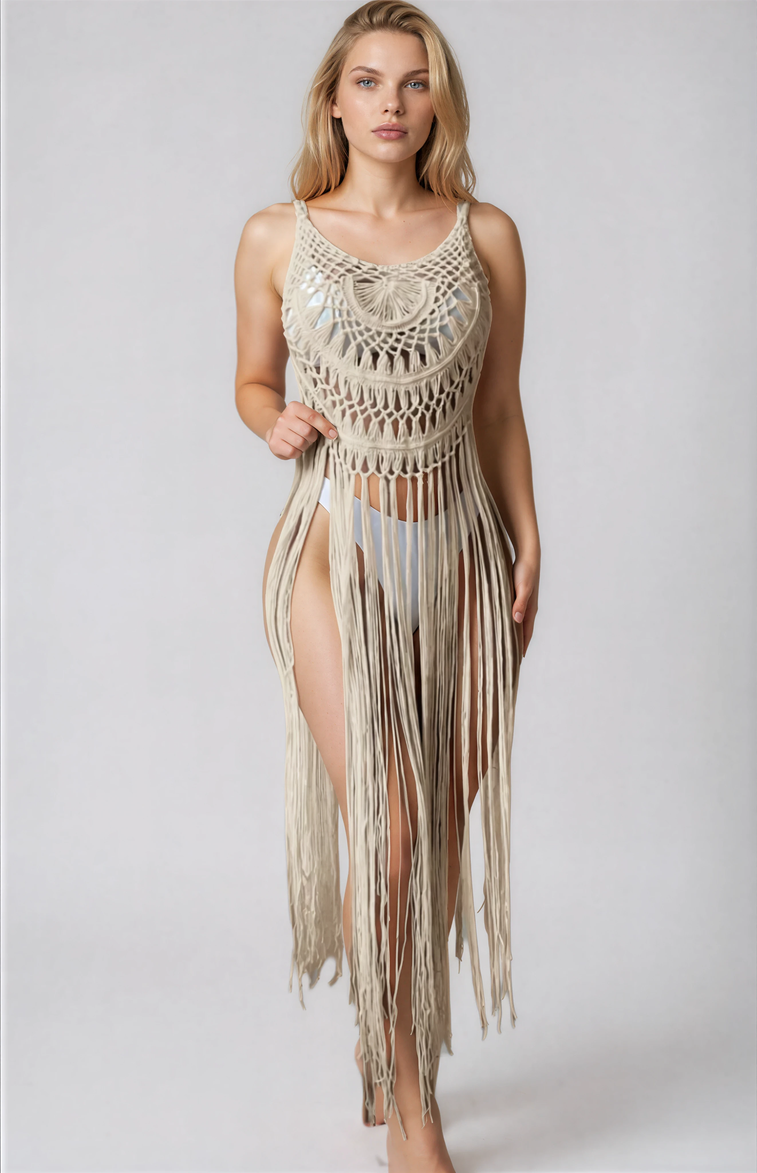 Alternate view of beige crochet beach coverup dress on plus size model in studio