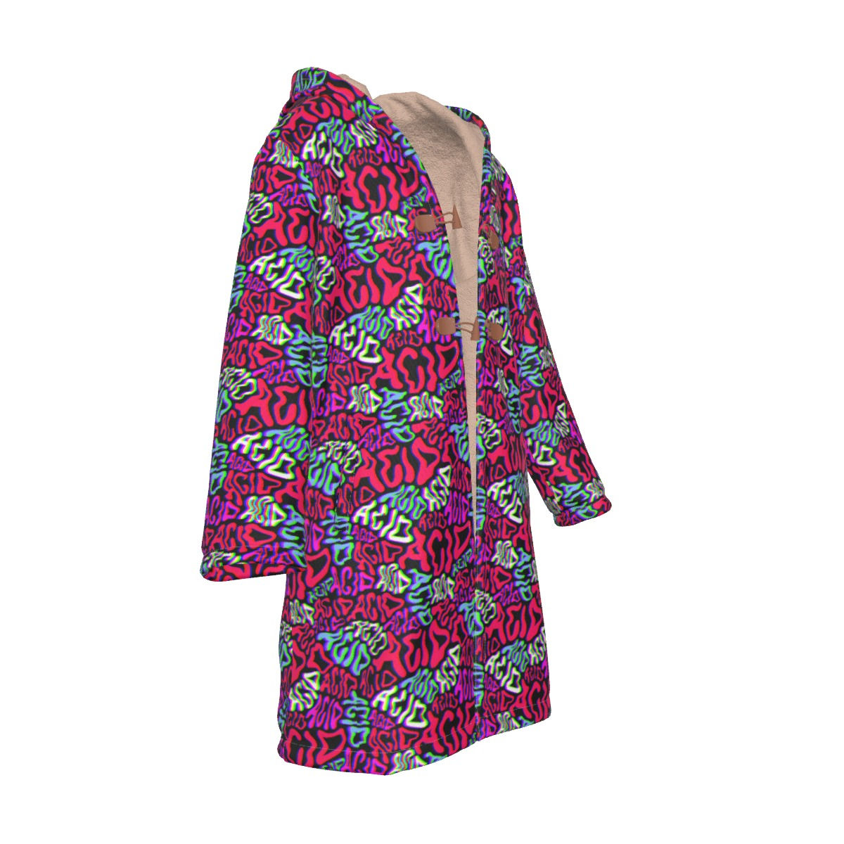 Acid House rave coat, digital mockup, right side angle showing fleece lining and cosy oversized fit