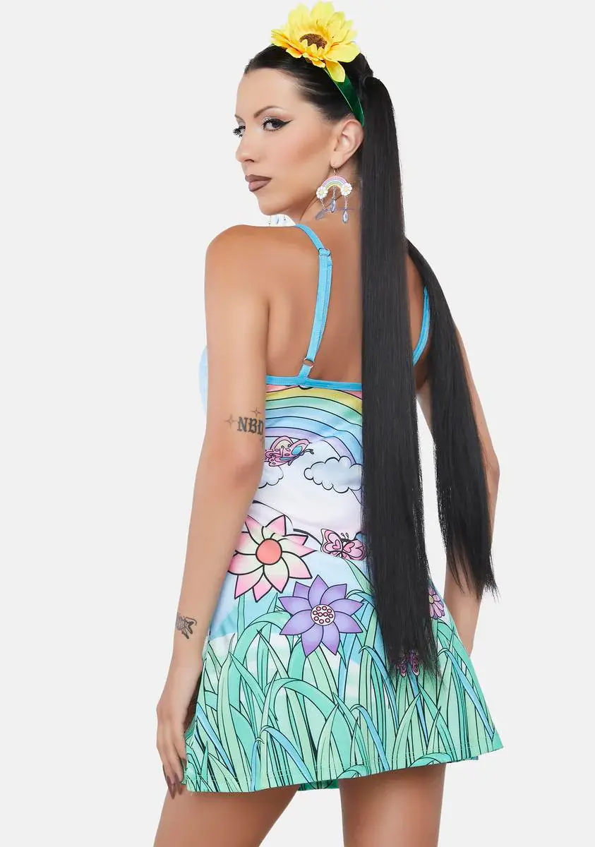 Thumbnail: Back view of the Cute AF Applique Dress on model, showing adjustable straps and minidress length
