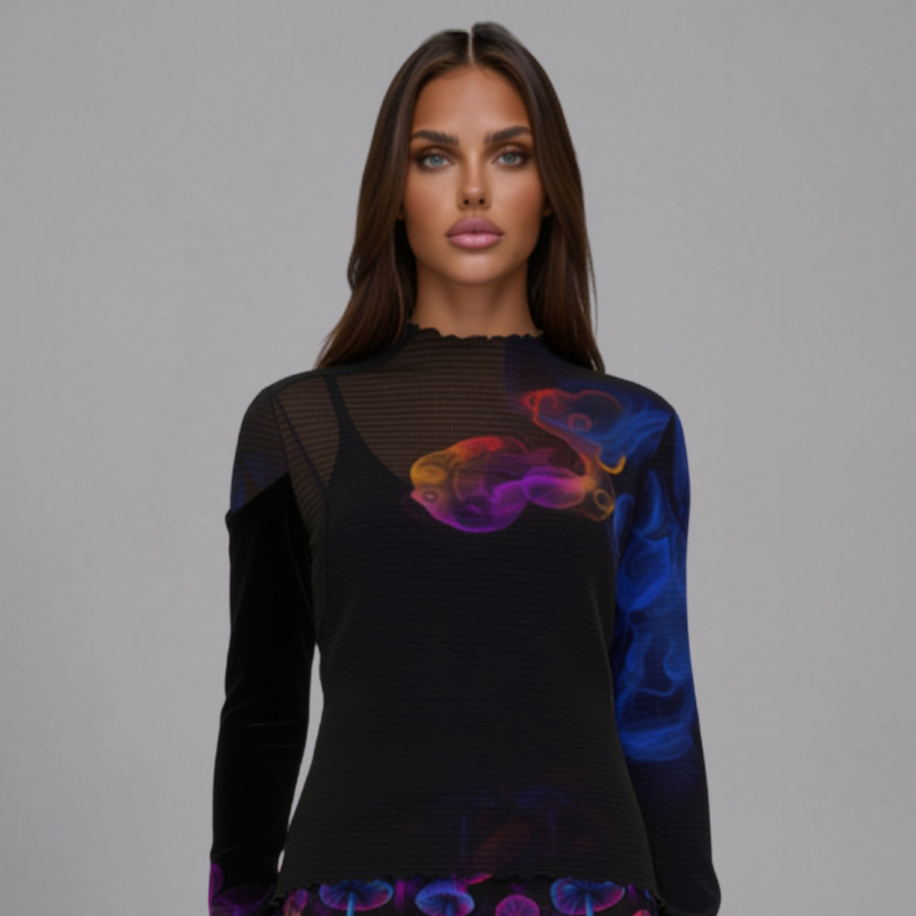 Close up view of the Liquid Signal printed mesh long sleeve top on model showing lettuce leaf edging