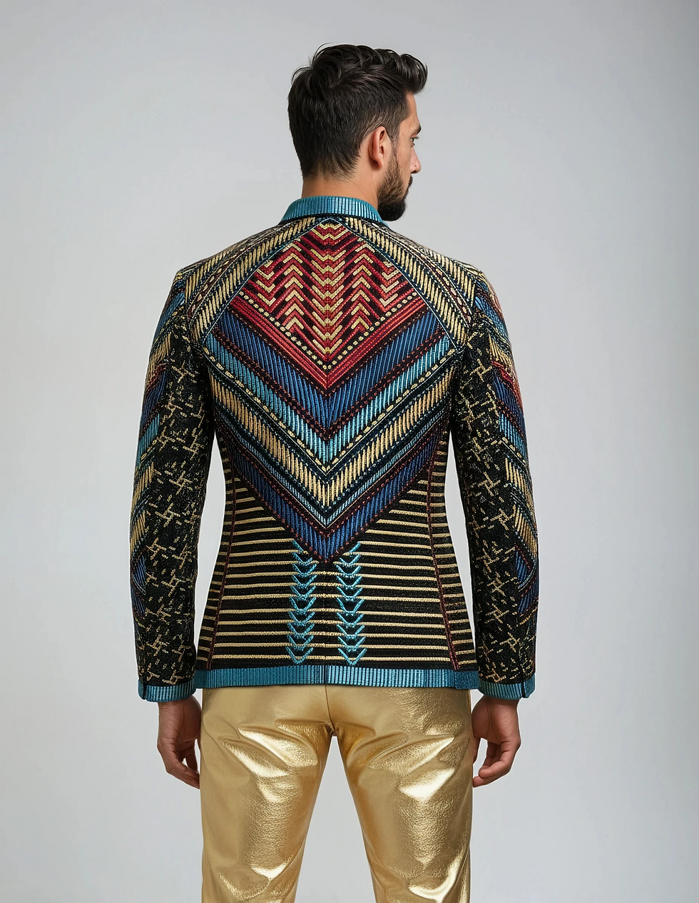 Back view of the African Prince Embroidered Velvet Jacket on a model, showing overall fit and design.