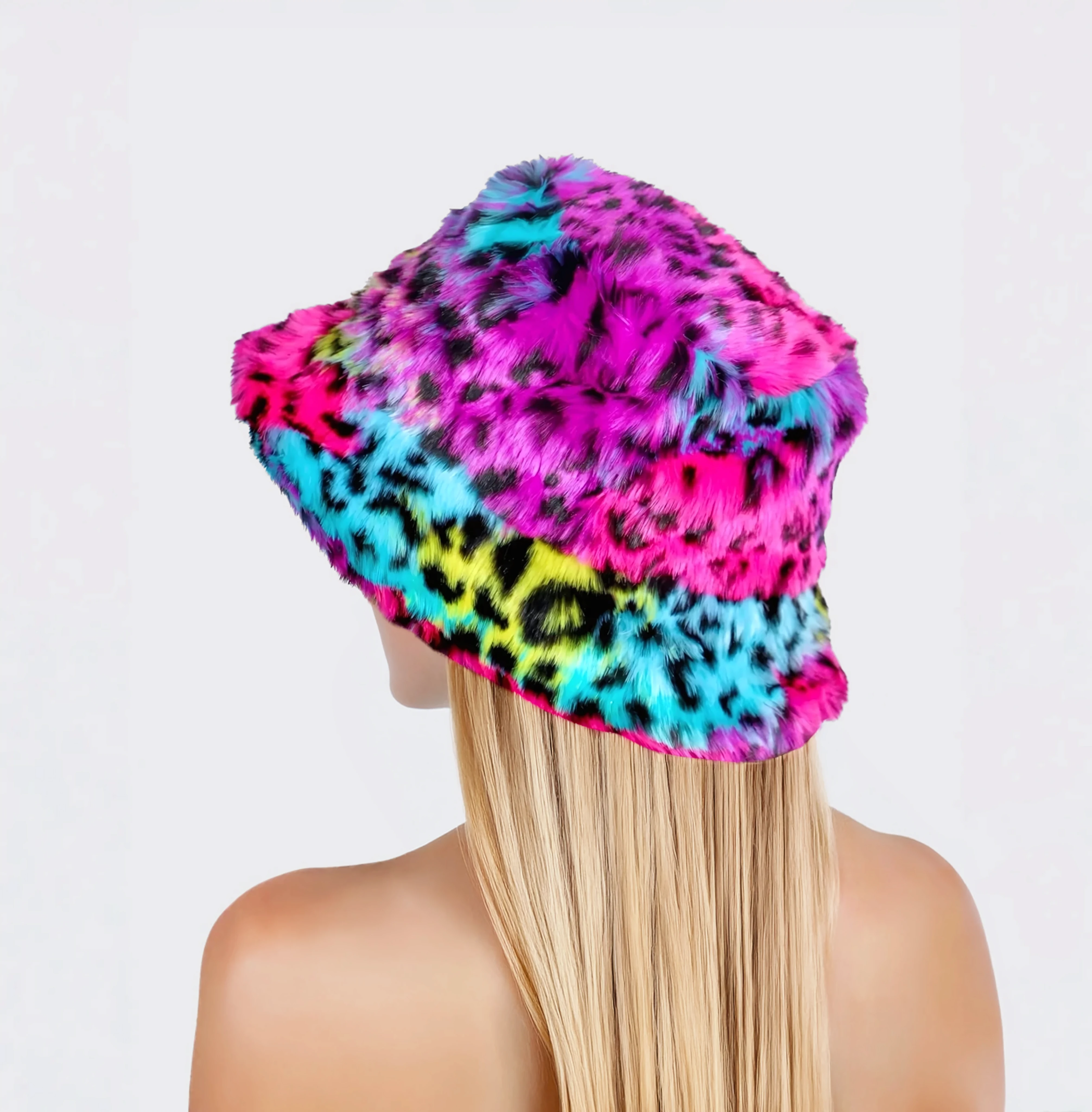 Back view of the Electric Leopard Y2K style fur bucket hat