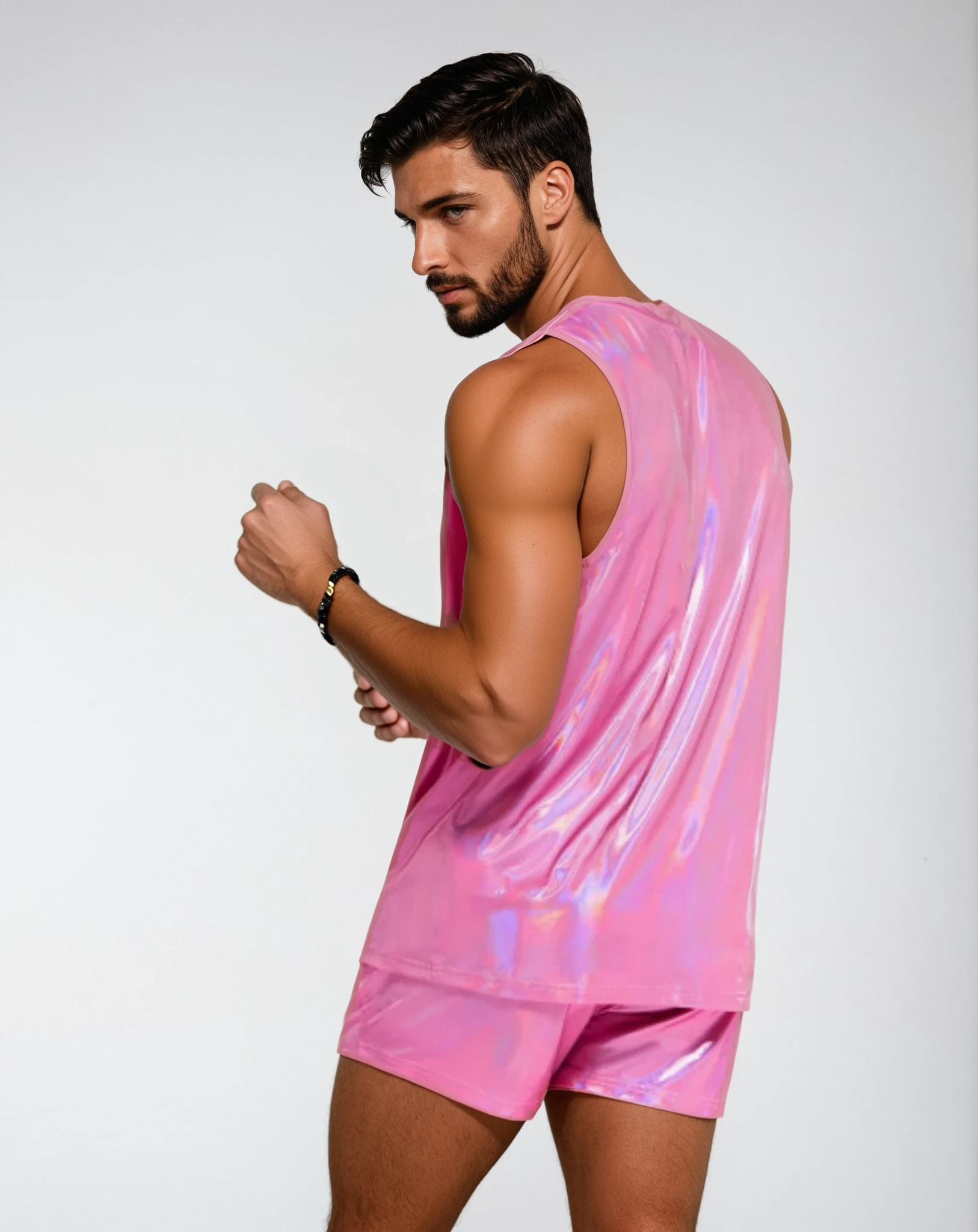 Back view of the Hot Pink holographic short shorts on model, showing design, fit and holographic fabric