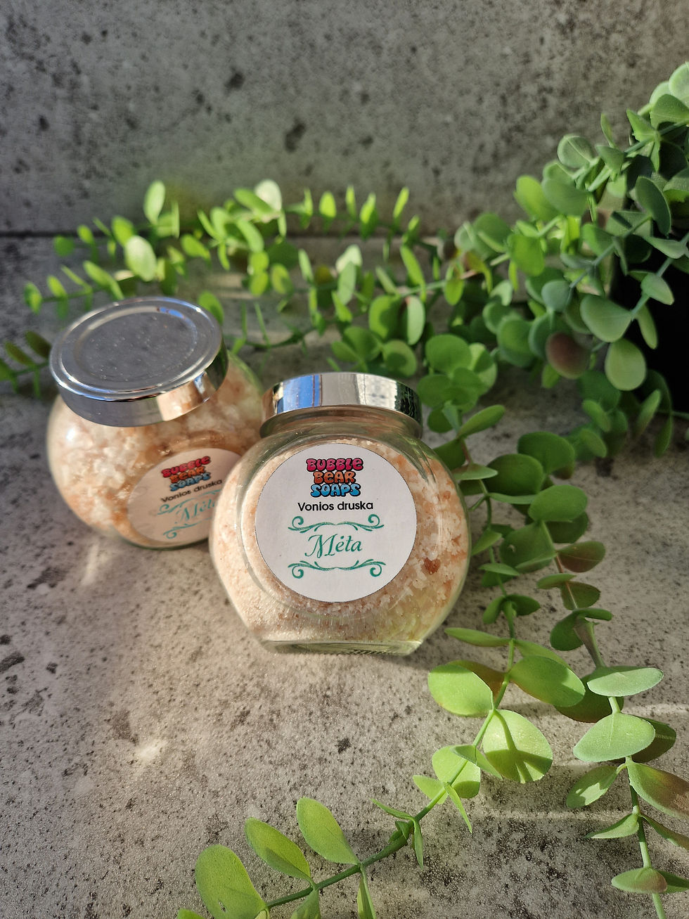 Rankų darbo vonios druskos su himalajų, epsom ir jūros druska, mėtų kvapo 190g indelyje