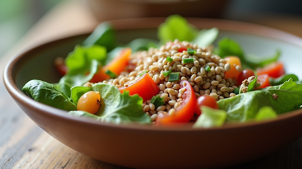 Eye-level view of a colorful salad bowl with fresh vegetables and seeds
