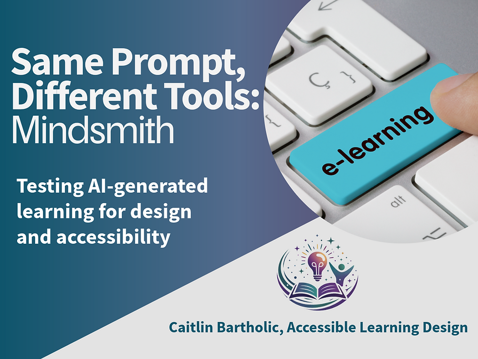 White text on gradient blue-green background reading "Same Prompt, Different Tools: Mindsmith. Testing AI-generated learning for design and accessibility" with cut out image of a blue "e-learning" keyboard button and a finger pressing it.