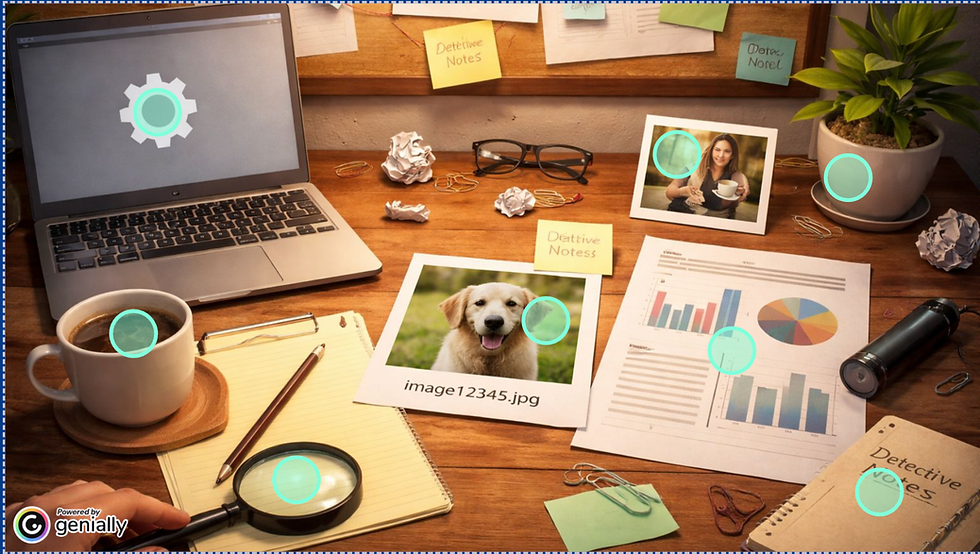 A desk cluttered with items including a laptop, coffee cup, photos, magnifying glass, notebooks, and crumpled up paper.